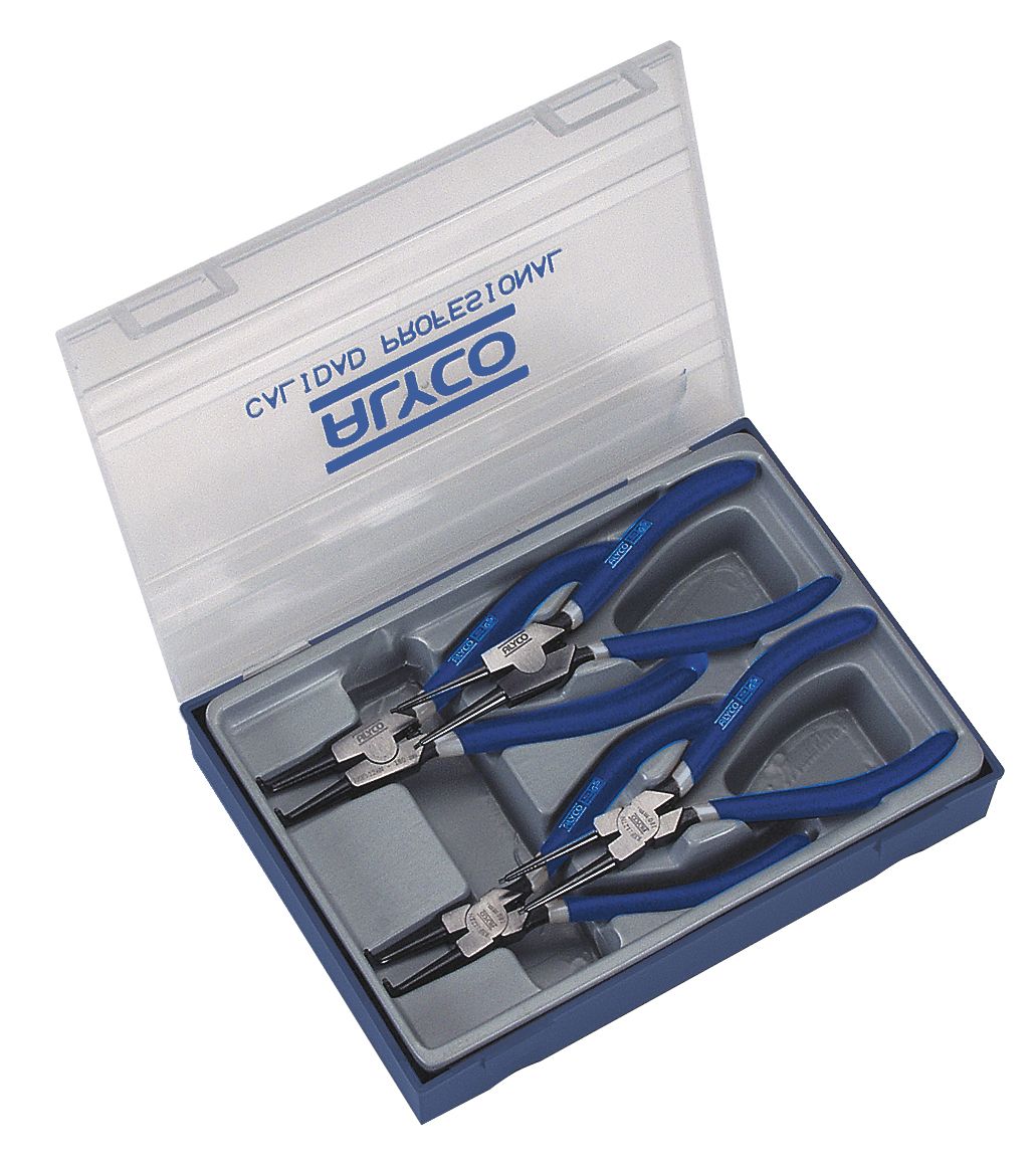 set de 4 Alicates Seeger de 140 mm, perfectos para trabajos mecánicos. Incluyen estuche plástico para transporte y almacenamiento, garantizando precisión y resistencia para profesionales.