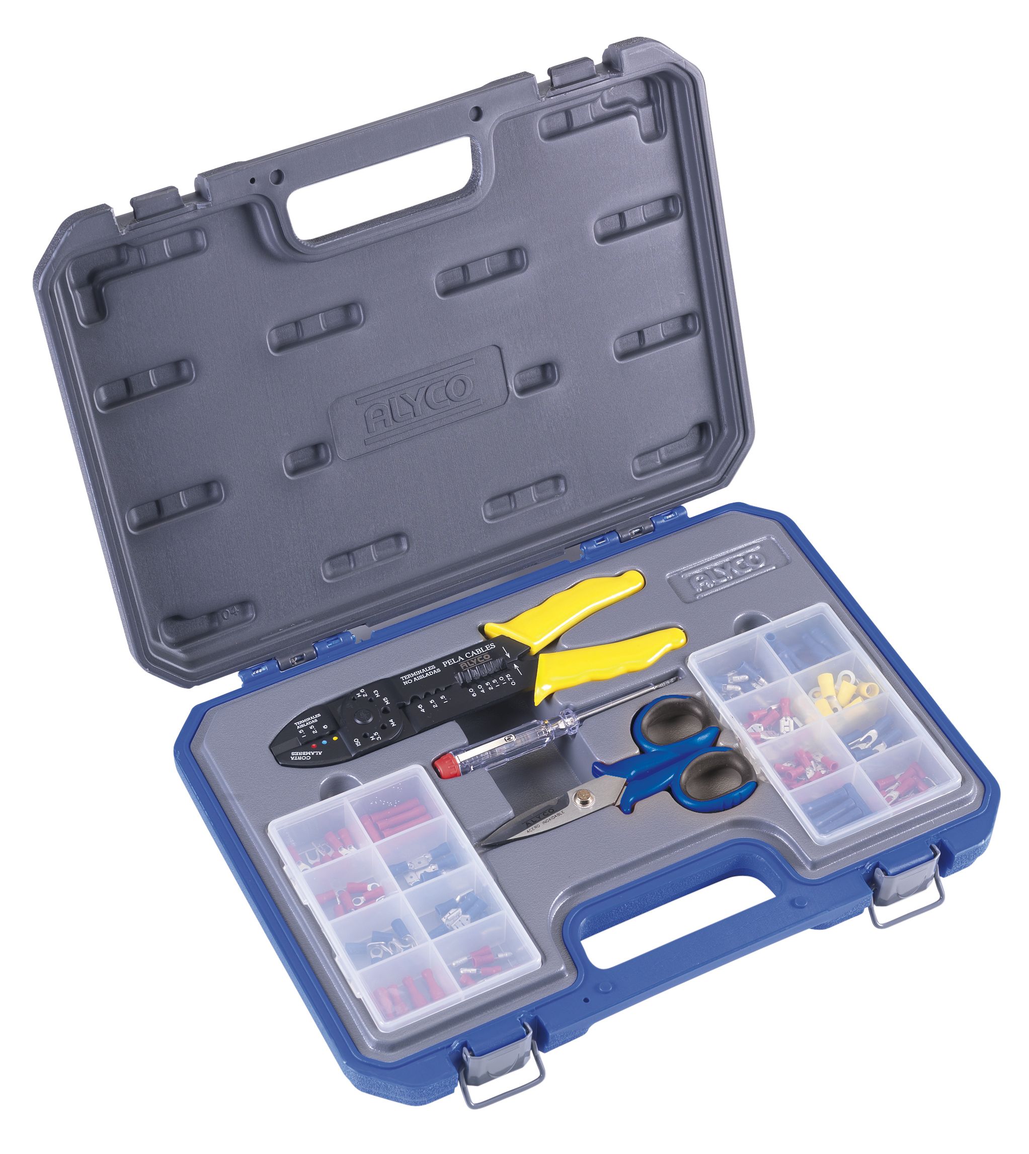 juego completo de 147 piezas que incluye terminales, tijeras y un tester. Ideal para profesionales y aficionados, garantiza calidad y precisión en todas tus conexiones eléctricas.