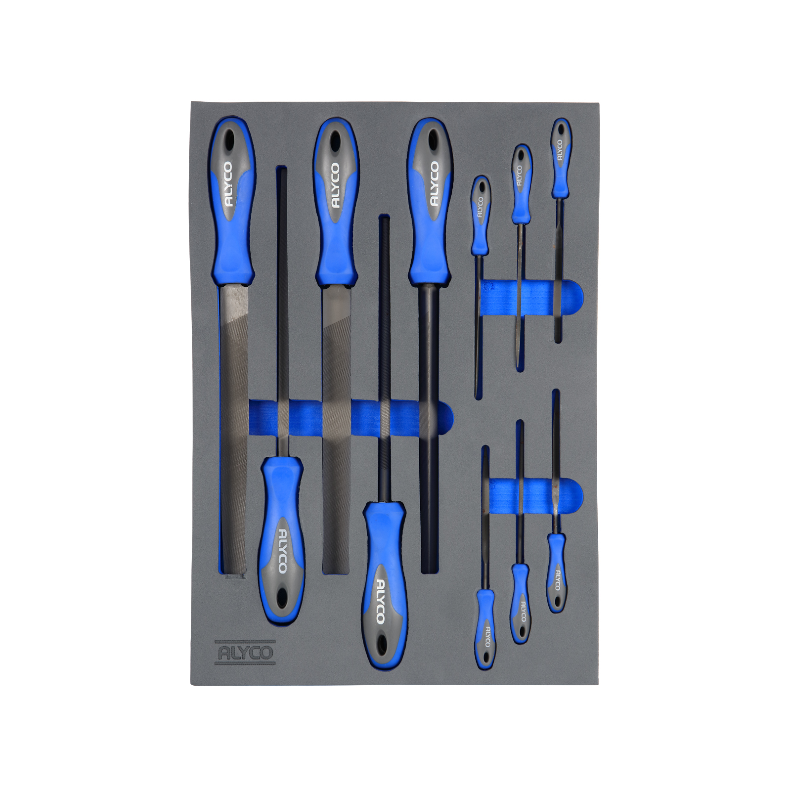 bandeja de espuma con limas, ideal para organizar y proteger herramientas. Dimensiones: 280x400x35 mm, perfecta para mantener el orden en el taller. ¡Funcionalidad y calidad aseguradas!