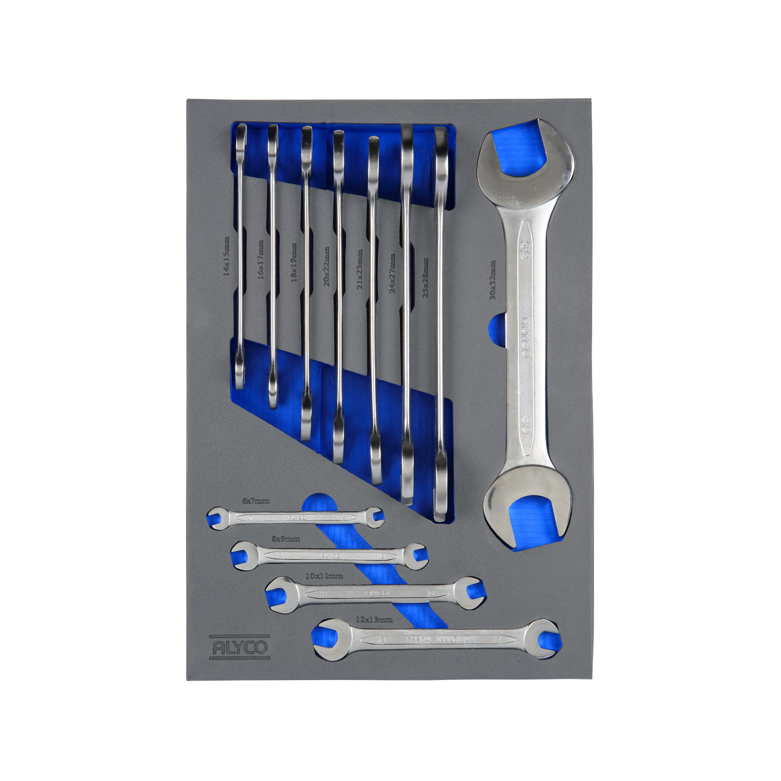 bandeja de espuma con llaves fijas, medida 280x400x35, ideal para organizar herramientas y mantener tu espacio de trabajo ordenado y eficiente. Duradera y práctica.