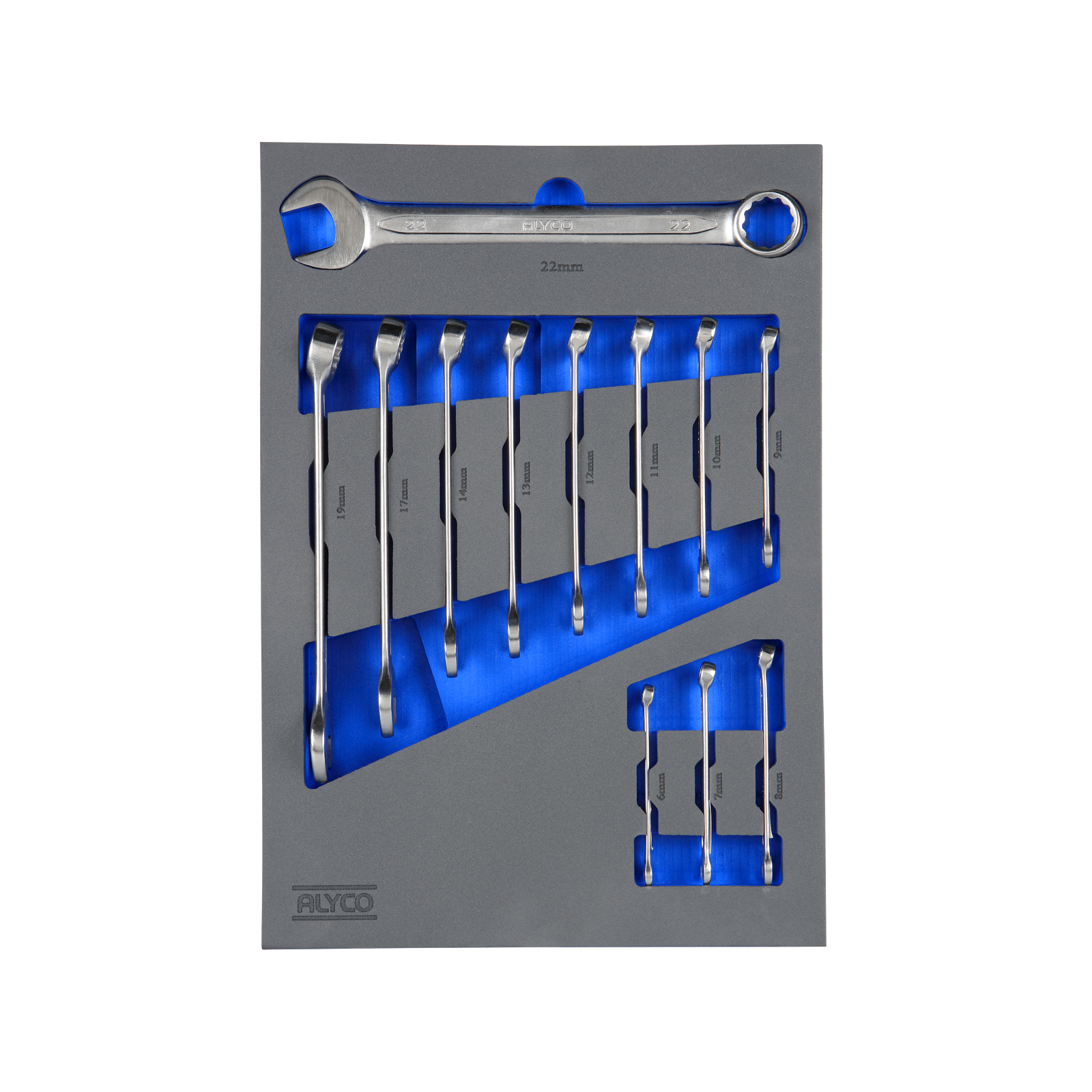 bandeja de espuma con llaves combinadas, ideal para organizar herramientas de manera segura. Dimensiones: 280x400x35 mm. Perfecta para mantener el orden en tu espacio de trabajo.