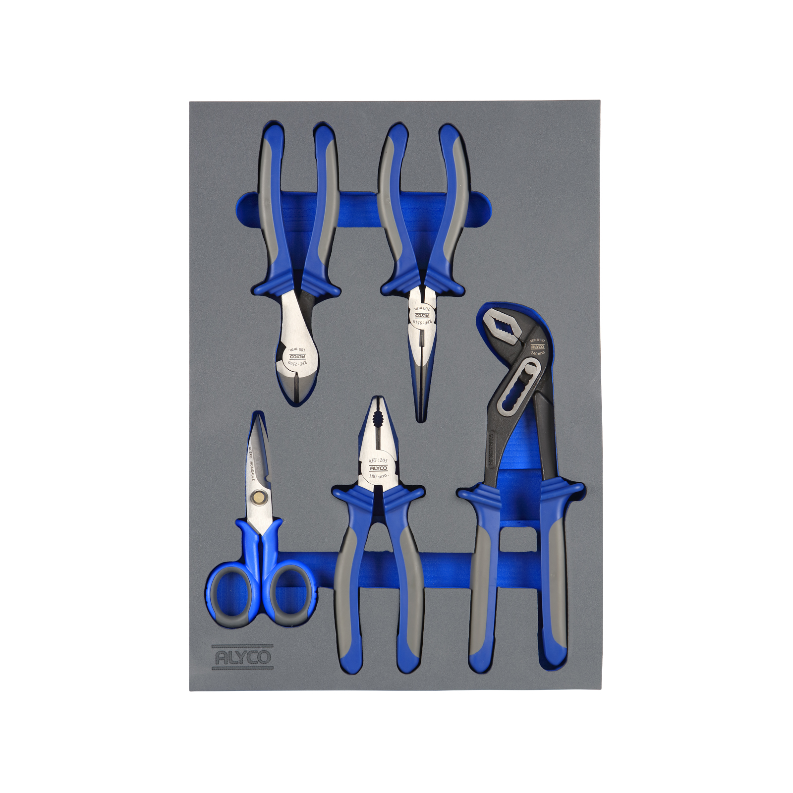 bandeja de espuma con alicates, ideal para organizar herramientas. Medidas: 280x400x35 mm. Perfecta para un taller ordenado y eficiente. ¡Optimiza tu espacio de trabajo!