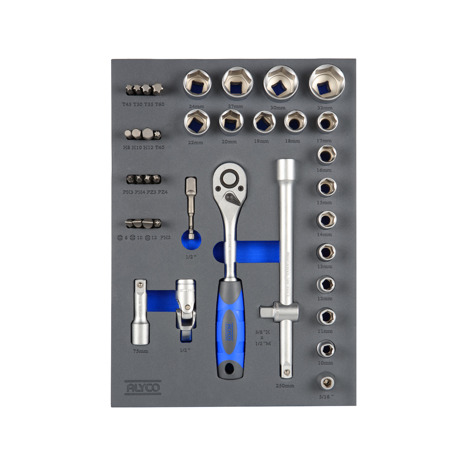 bandeja de espuma con llaves para vaso 1/2, dimensiones 280x400. Ideal para organizar herramientas y accesorios en tu espacio de trabajo de manera eficiente.