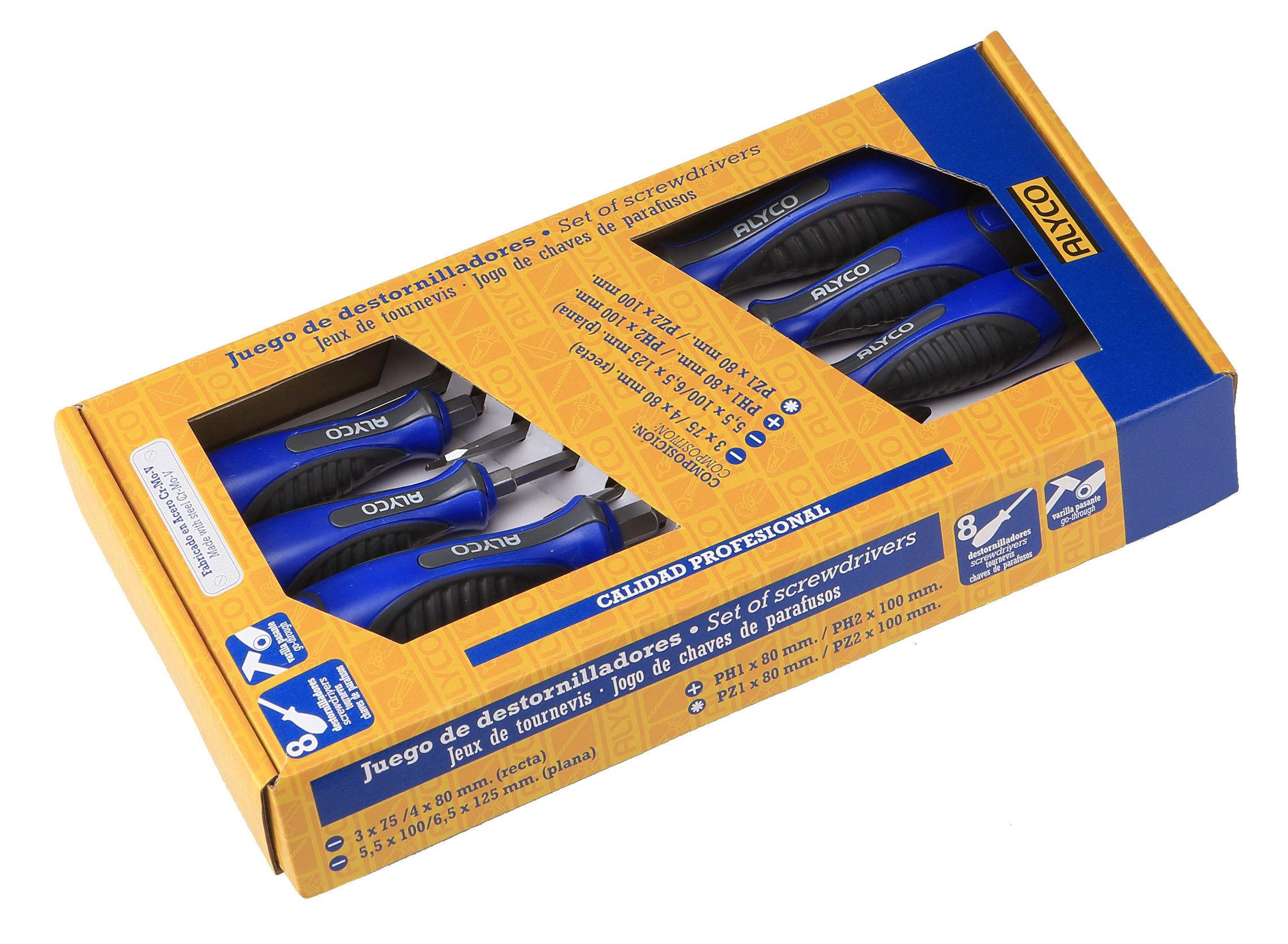 conjunto de 8 destornilladores pasantes, ideales para ajustar y ensamblar. Presentados en cartón resistente, perfectos para el hogar o el taller. Calidad y durabilidad garantizadas.