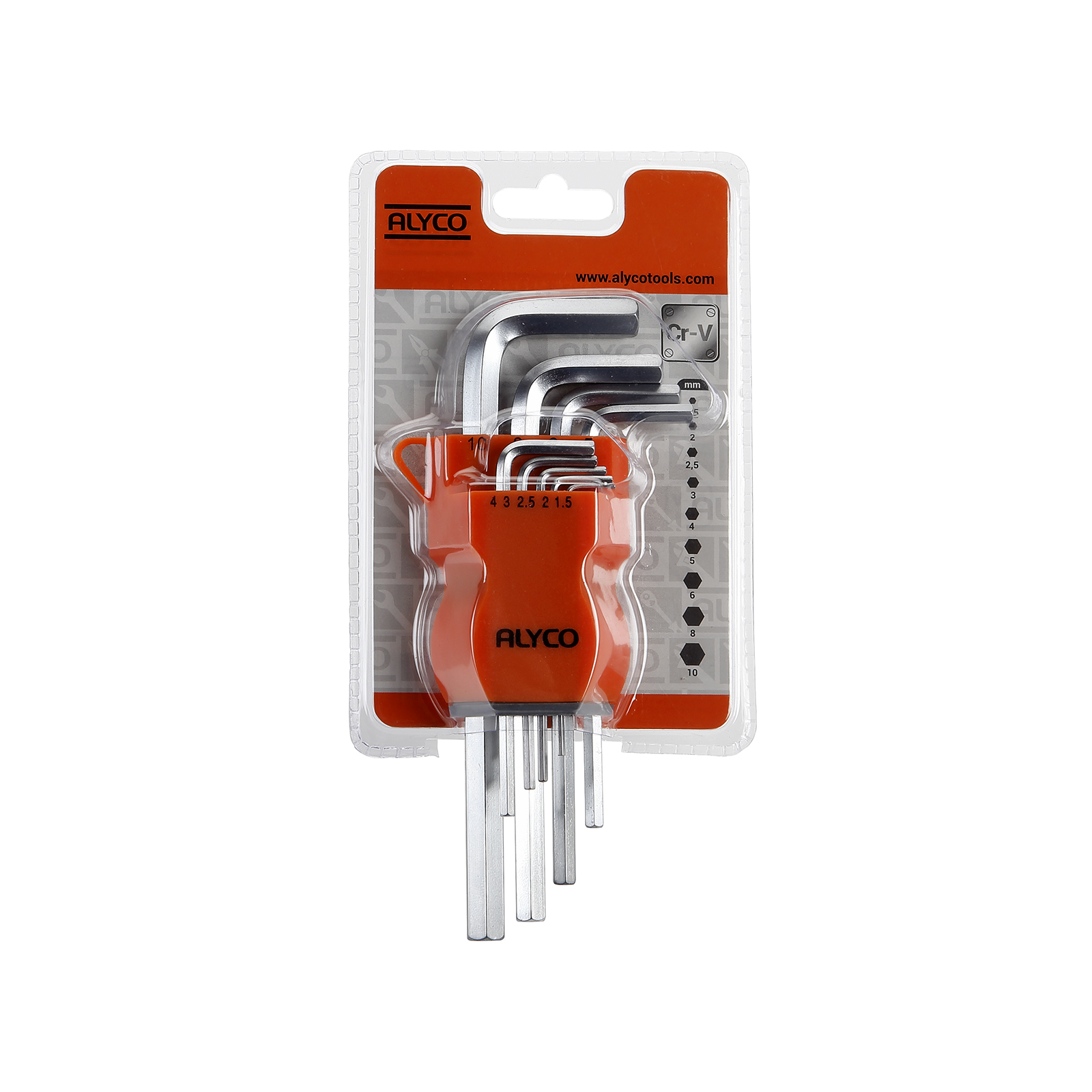 juego de 9 llaves de allen de plástico Alyco en color naranja. Ideales para trabajos en casa y proyectos de bricolaje, combinando durabilidad y comodidad en un solo set.