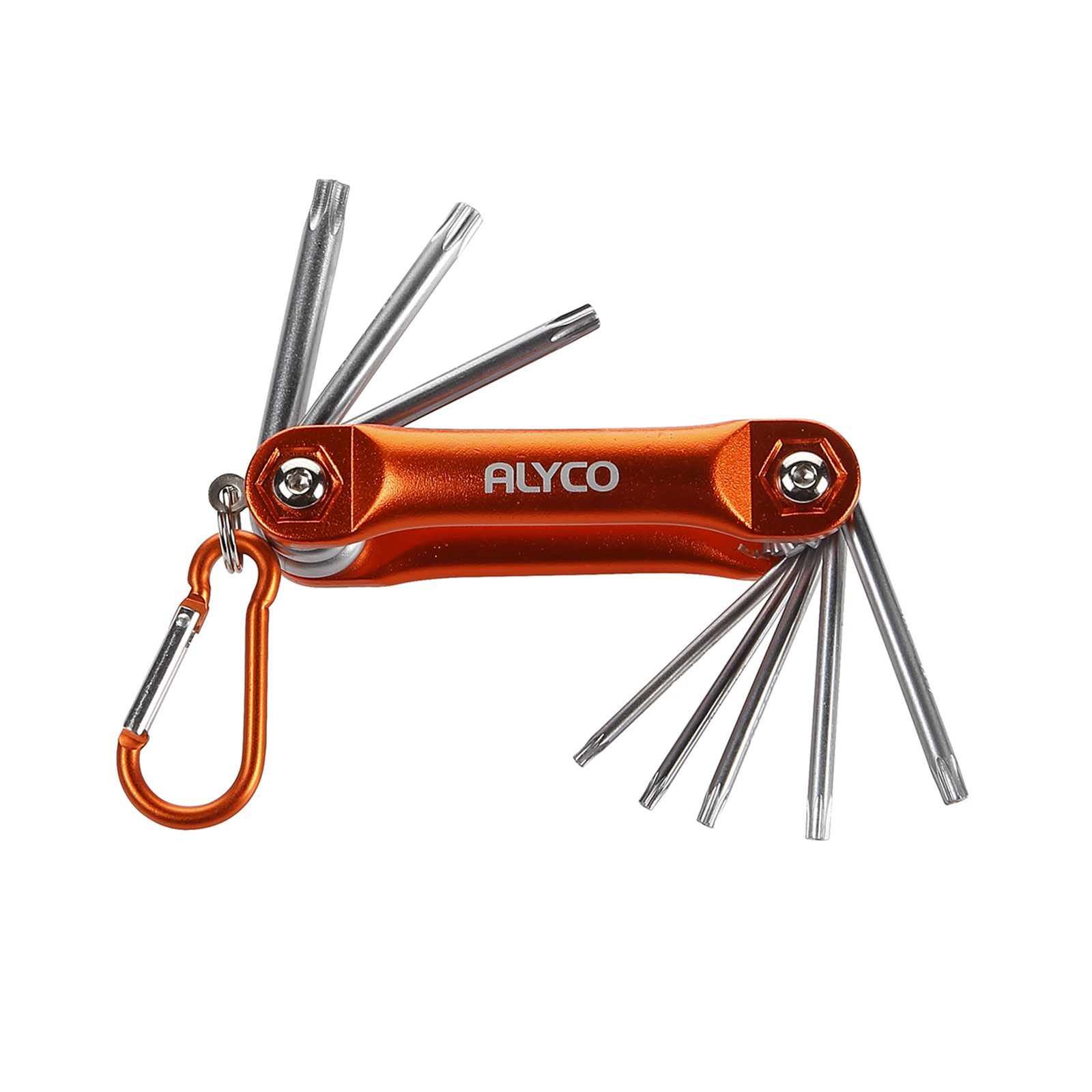juego de 8 llaves Torx de inversión en forma de navaja, fabricado por Alyco en un vibrante color naranja. Ideal para mecánicos y aficionados al bricolaje. Compacto y fácil de usar.