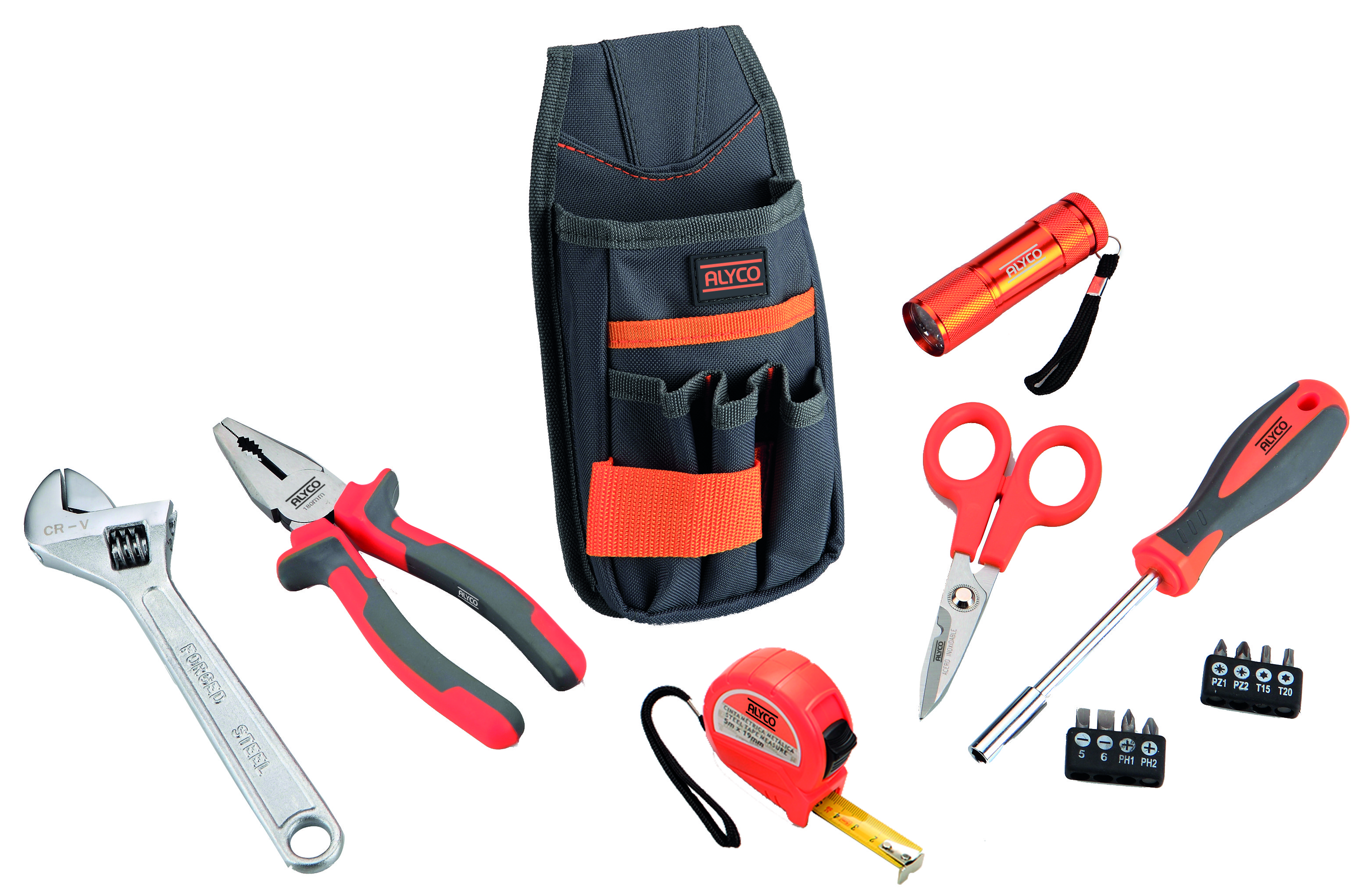 bolsa de nylon para cinturón de 15 piezas ALYCO ORANGE. Ideal para organizar y transportar herramientas con facilidad y estilo. Resistente y duradera, perfecta para el trabajo diario.