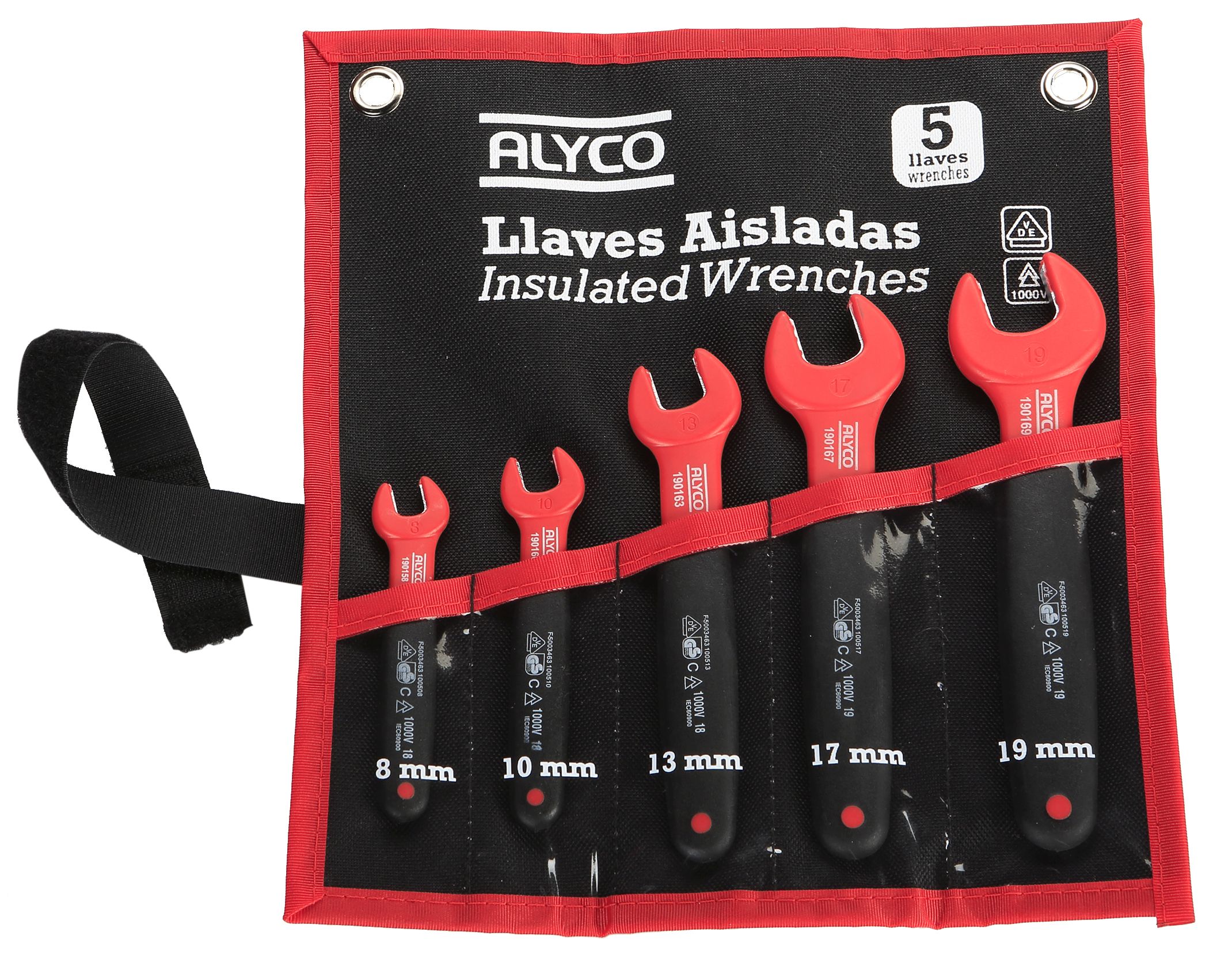 juego de 5 llaves fijas VDE con mangos de nylon, ideales para garantizar ajuste y durabilidad. Perfectas para trabajos eléctricos y mecánicos, aseguran seguridad y precisión en cada uso.