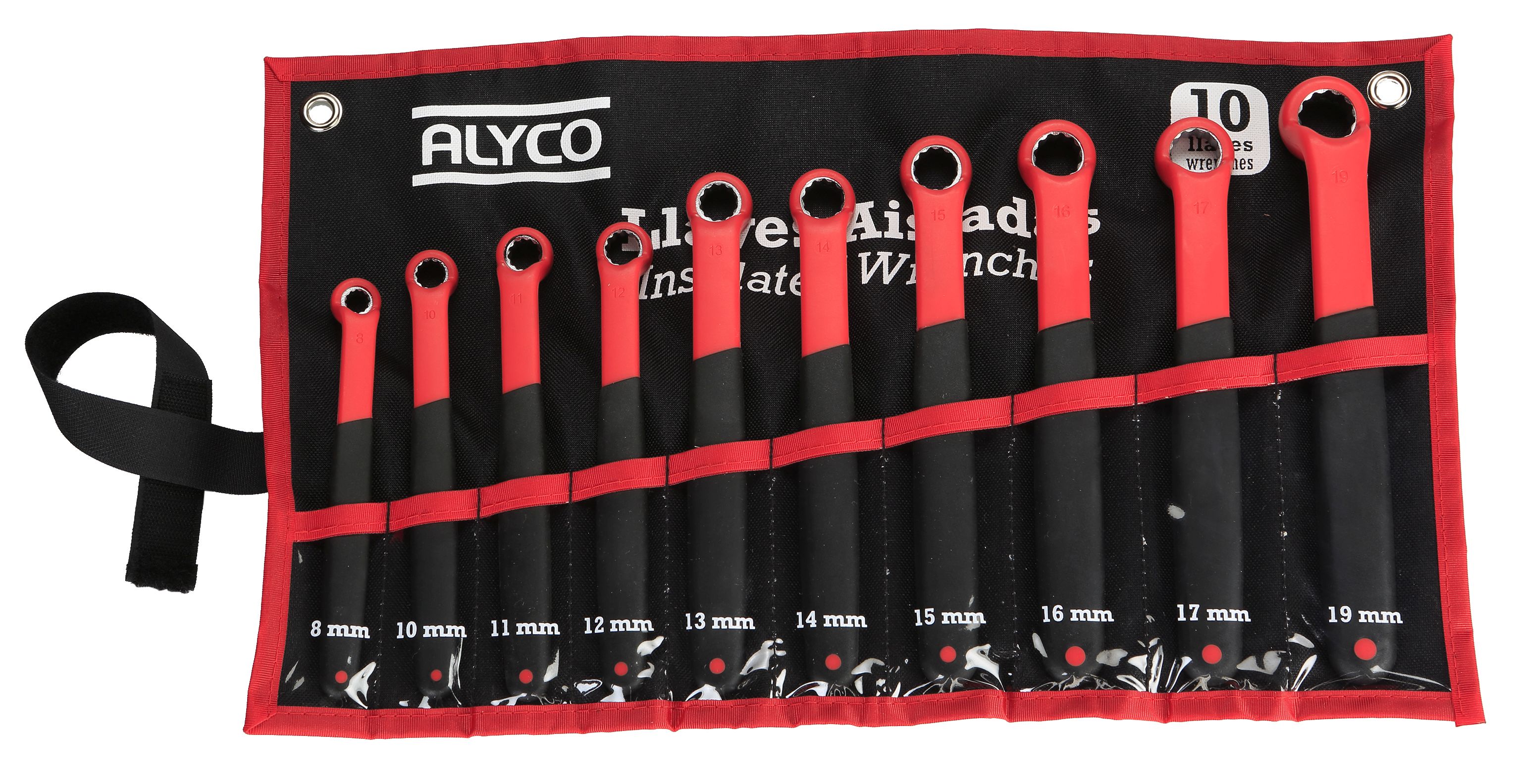 juego de 10 llaves acodadas VDE de nylon, tamaño 8-19 mm. Ideal para trabajos eléctricos, resistentes y perfectas para acceso en espacios reducidos. Garantiza seguridad y durabilidad.