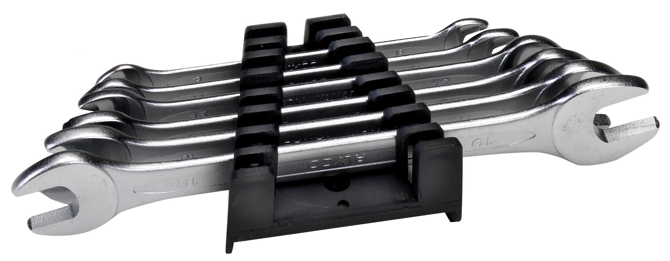 juego de 6 llaves fijas, tamaños 8x9 a 18x19, presentadas en un práctico cartón. Ideal para mecánicos y aficionados, garantiza calidad y durabilidad en cada uso.