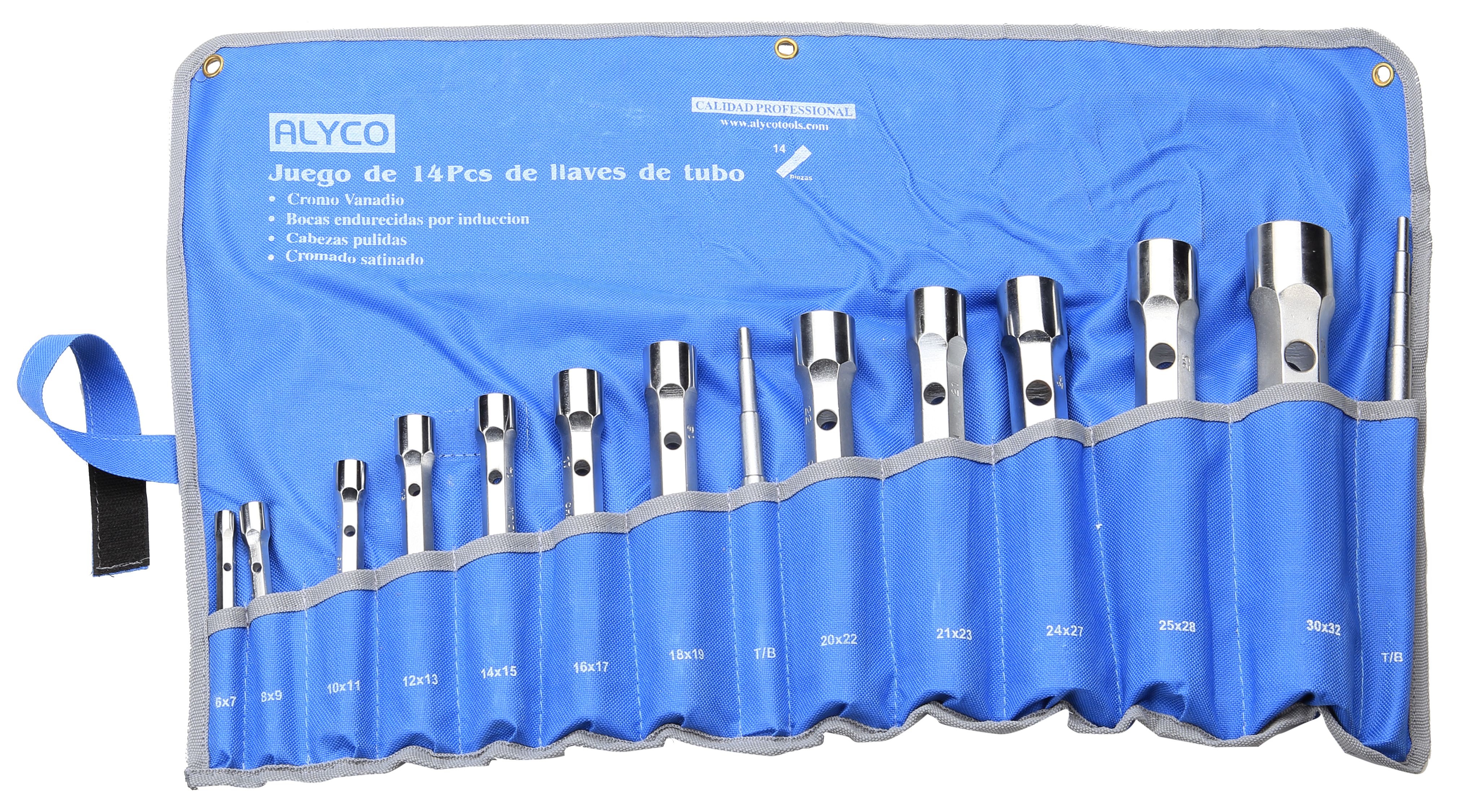 juego de 14 llaves de tubo forjadas, ideales para mecánica y trabajos de taller. Rango de tamaños de 6x7 a 30x32, ofreciendo durabilidad y precisión para profesionales del sector.