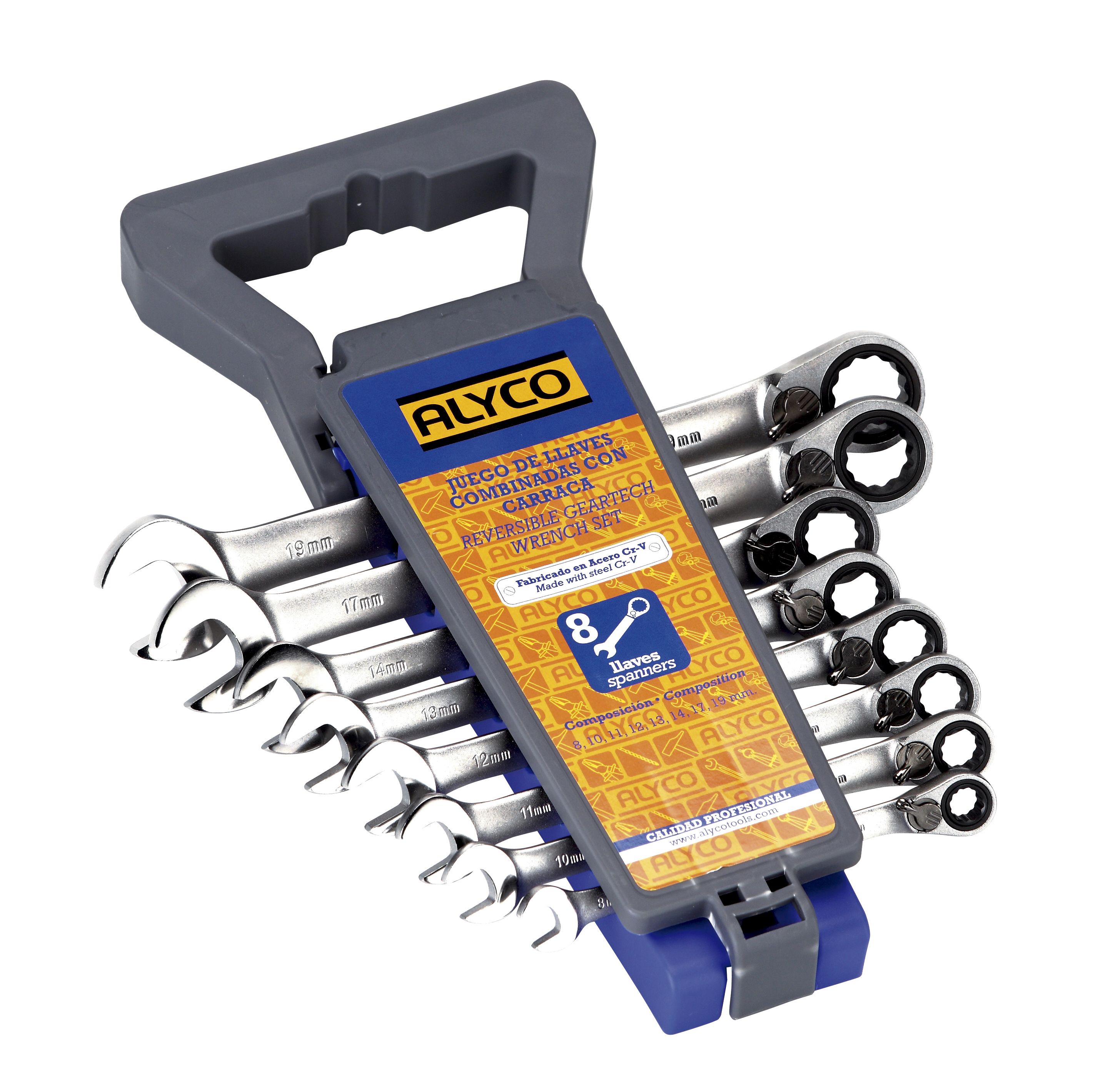 juego de 8 llaves combinadas con carraca reversible de medidas 8 a 19 mm. Ideal para trabajos en mecánica y bricolaje, ofrece versatilidad y comodidad en cada uso.