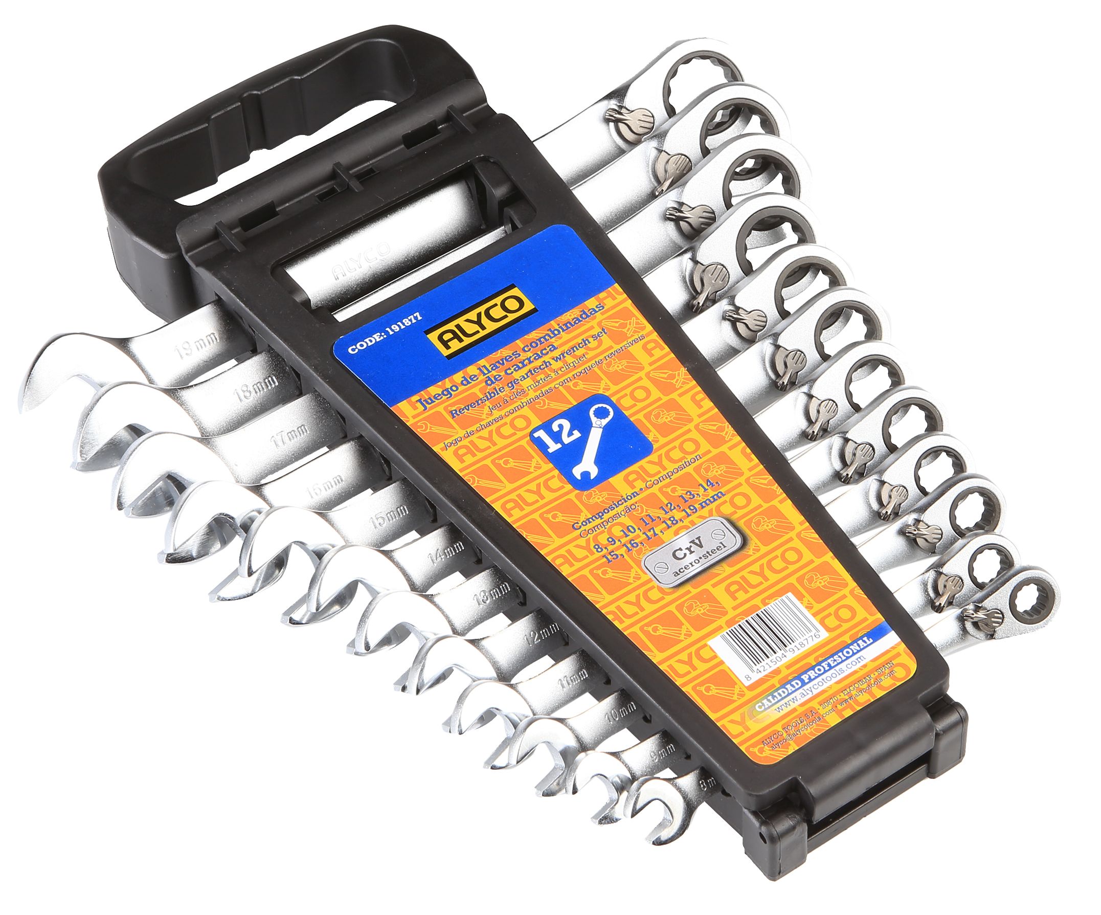 conjunto de llaves combinadas con carraca reversible, perfectas para tareas mecánicas. Incluye soporte de plástico para un almacenamiento eficiente. ¡Optimiza tu caja de herramientas!