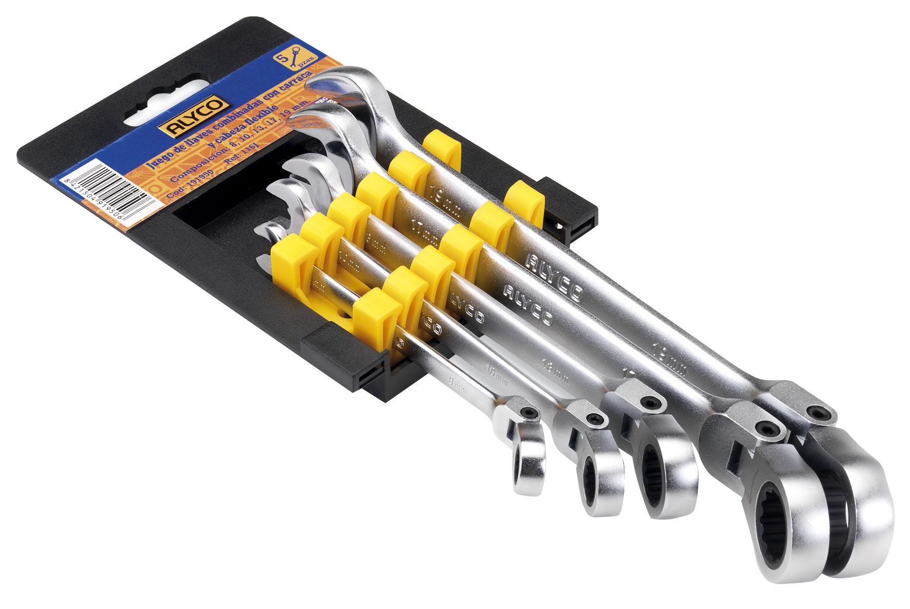 juego de 5 llaves de combinación con carraca y cabezal flexible, ideal para alcanzar tornillos en lugares de difícil acceso. Perfecto para aficionados y profesionales del bricolaje.