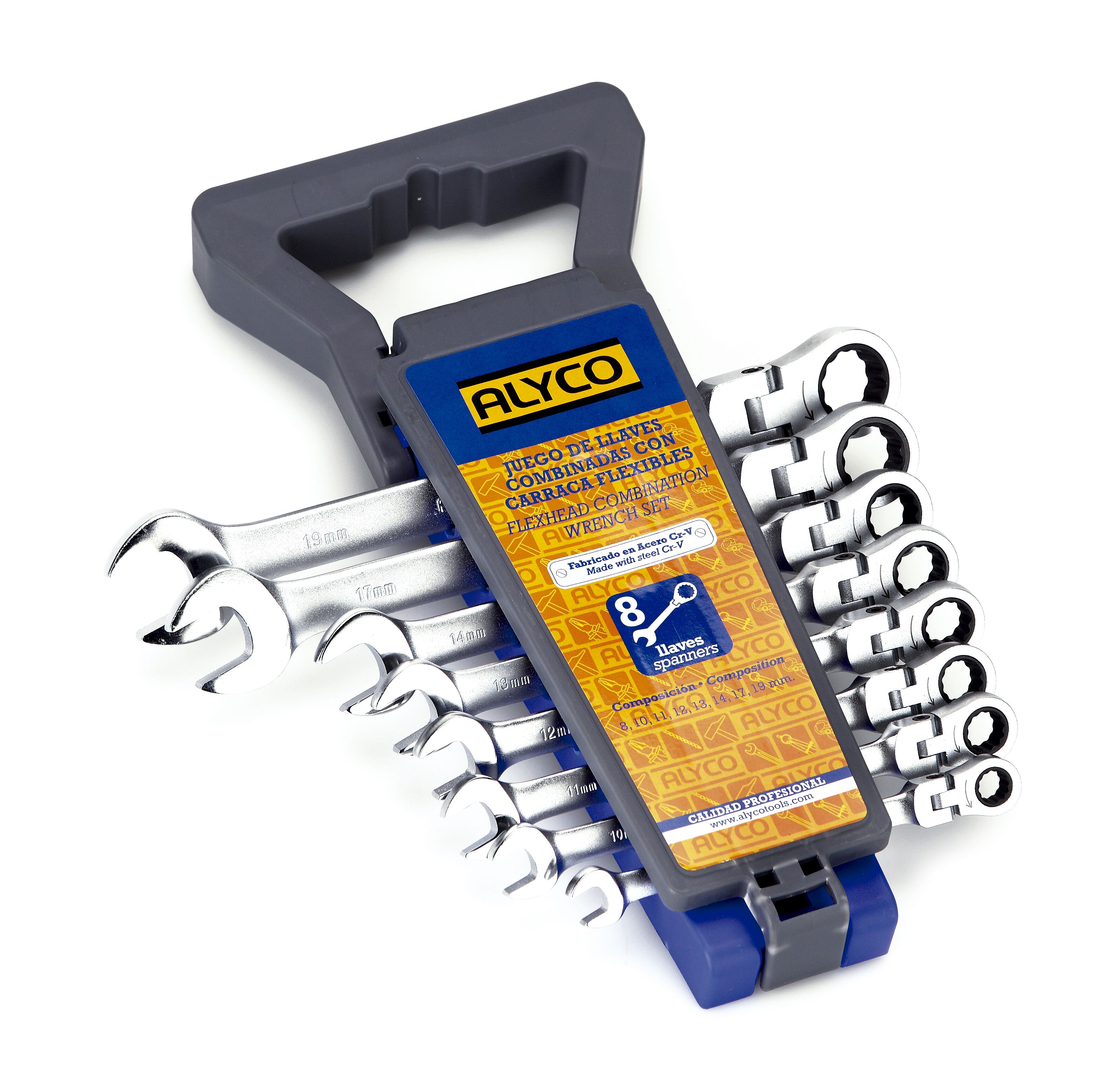 juego de 8 llaves combinadas con carraca de cabezal flexible, ideal para acceder a espacios reducidos y facilitar tu trabajo en cualquier proyecto de mecánica o bricolaje.