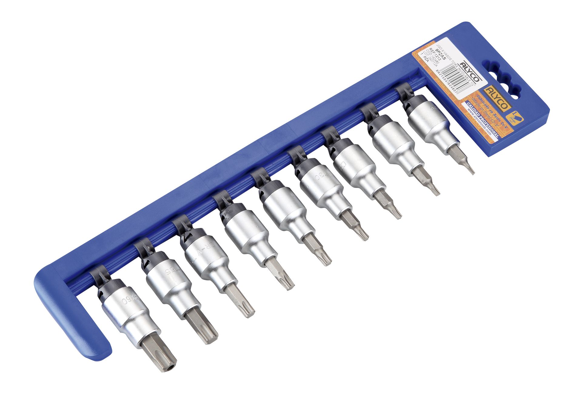 juego de vasos de 9 piezas con punta Torx. Ideal para mecánicos y entusiastas del bricolaje. Perfecto para alcanzar tornillos en espacios reducidos y asegurar un trabajo preciso.