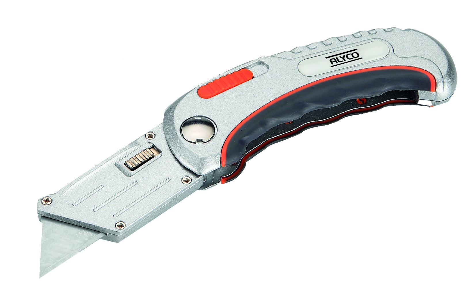 cutter abatible de aluminio Alyco Orange, ideal para trabajos de precisión. Su diseño ergonómico y duradero garantiza seguridad y eficacia en cada corte. Perfecto para uso profesional.