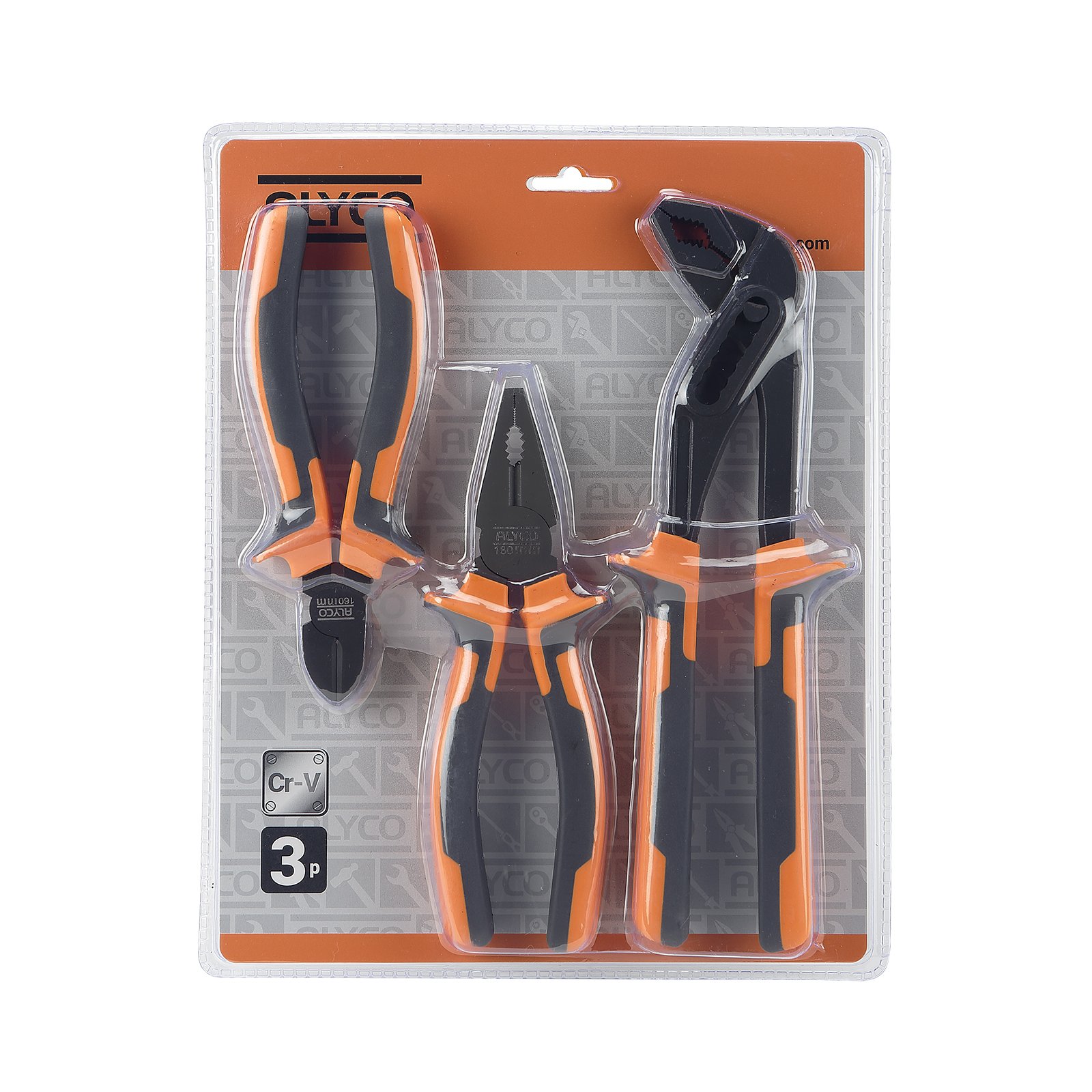 juego de 3 Alicates en Blister Alyco Orange, herramientas ideales para cualquier tarea. Resistentes y ergonómicas, perfectas para el hogar o el trabajo. ¡Mejora tu caja de herramientas!