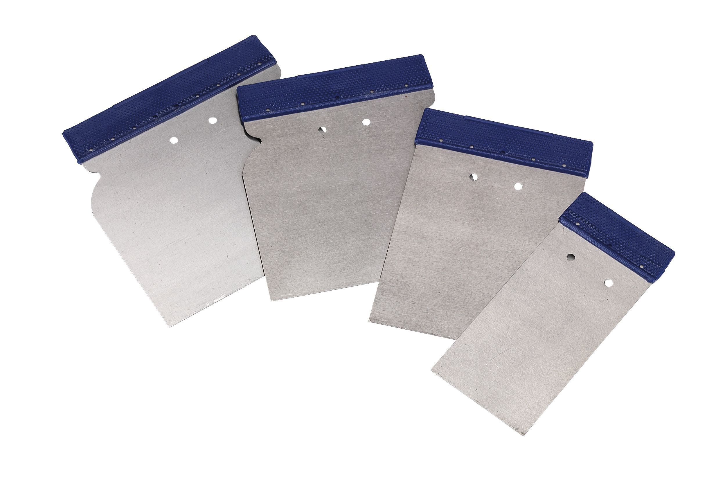 juego de 4 espátulas carrocero: herramientas esenciales para un acabado profesional en reparaciones y trabajos de pintura. Flexibles y resistentes, perfectas para cualquier superficie.