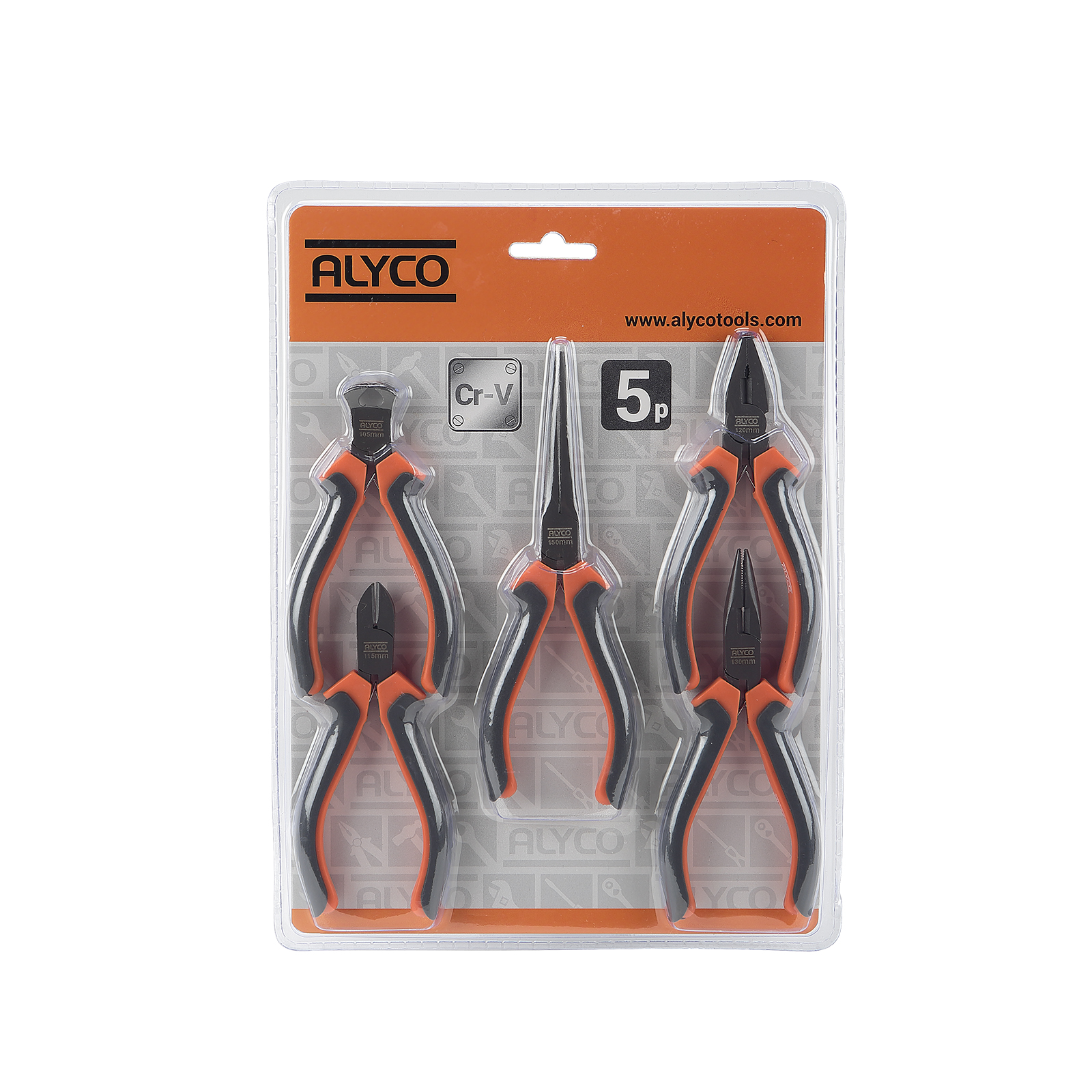juego de 5 mini alicates Alyco Orange en blister. Compactos y eficaces, son perfectos para trabajos de precisión. Su diseño ergonómico los hace ideales para aficionados al bricolaje.