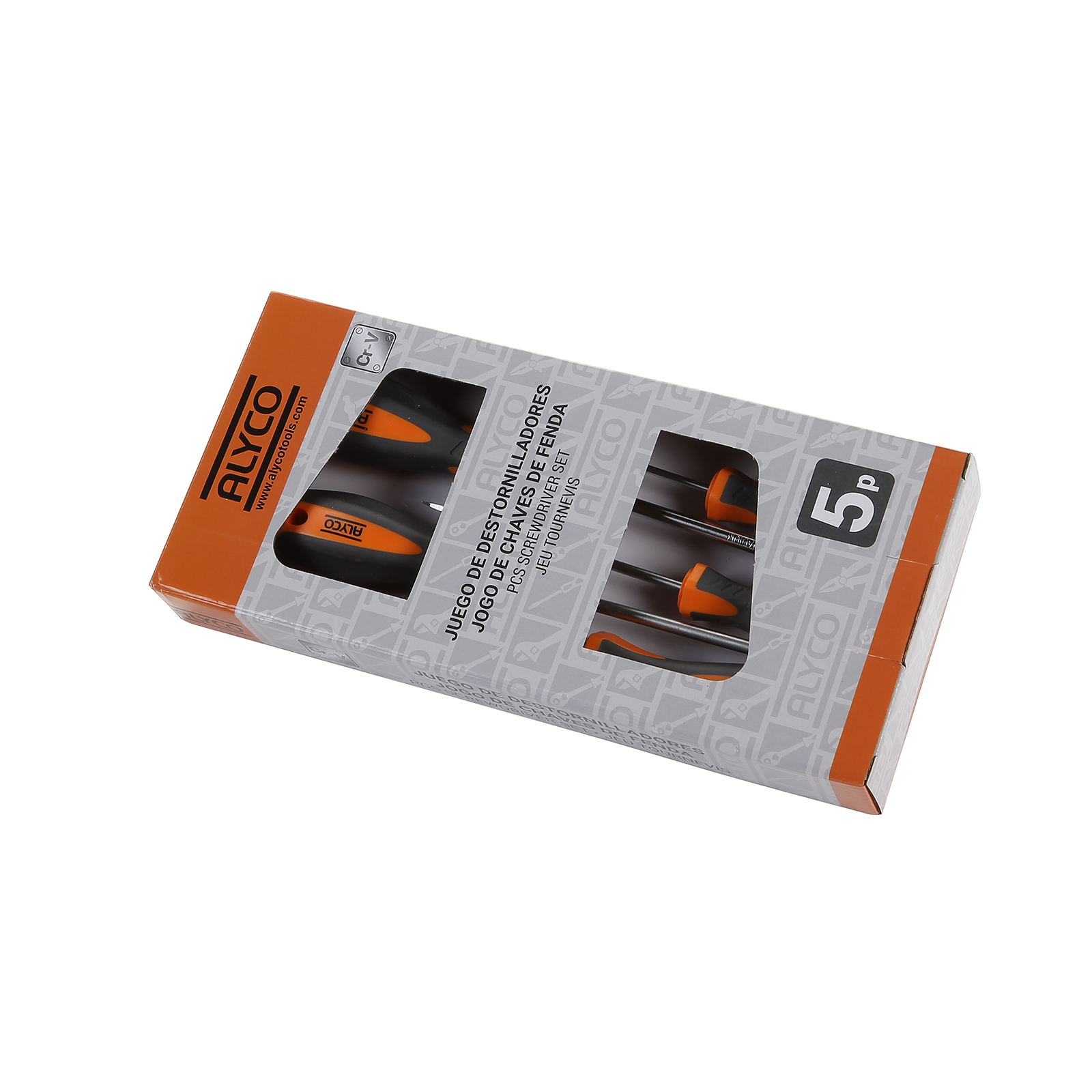 set de 5 destornilladores Alyco Orange en caja de cartón. Herramientas duraderas y ergonómicas, perfectas para cualquier proyecto. Versatilidad y calidad en un solo paquete.