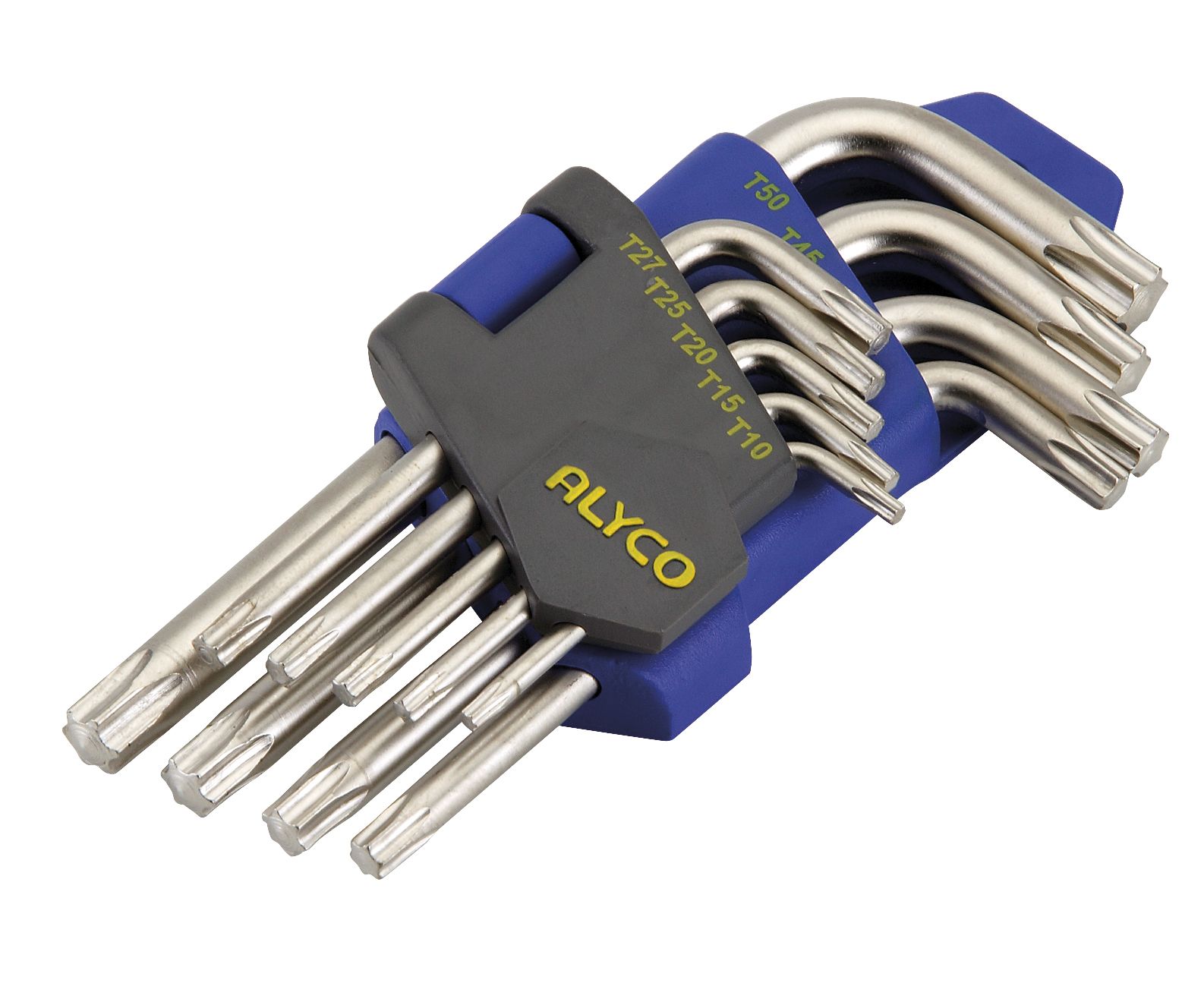 juego de 9 llaves Torx T10-T50, ideales para trabajos mecánicos precisos. Su diseño ergonómico y robustez garantizan comodidad y durabilidad, compatibles con diversas herramientas.