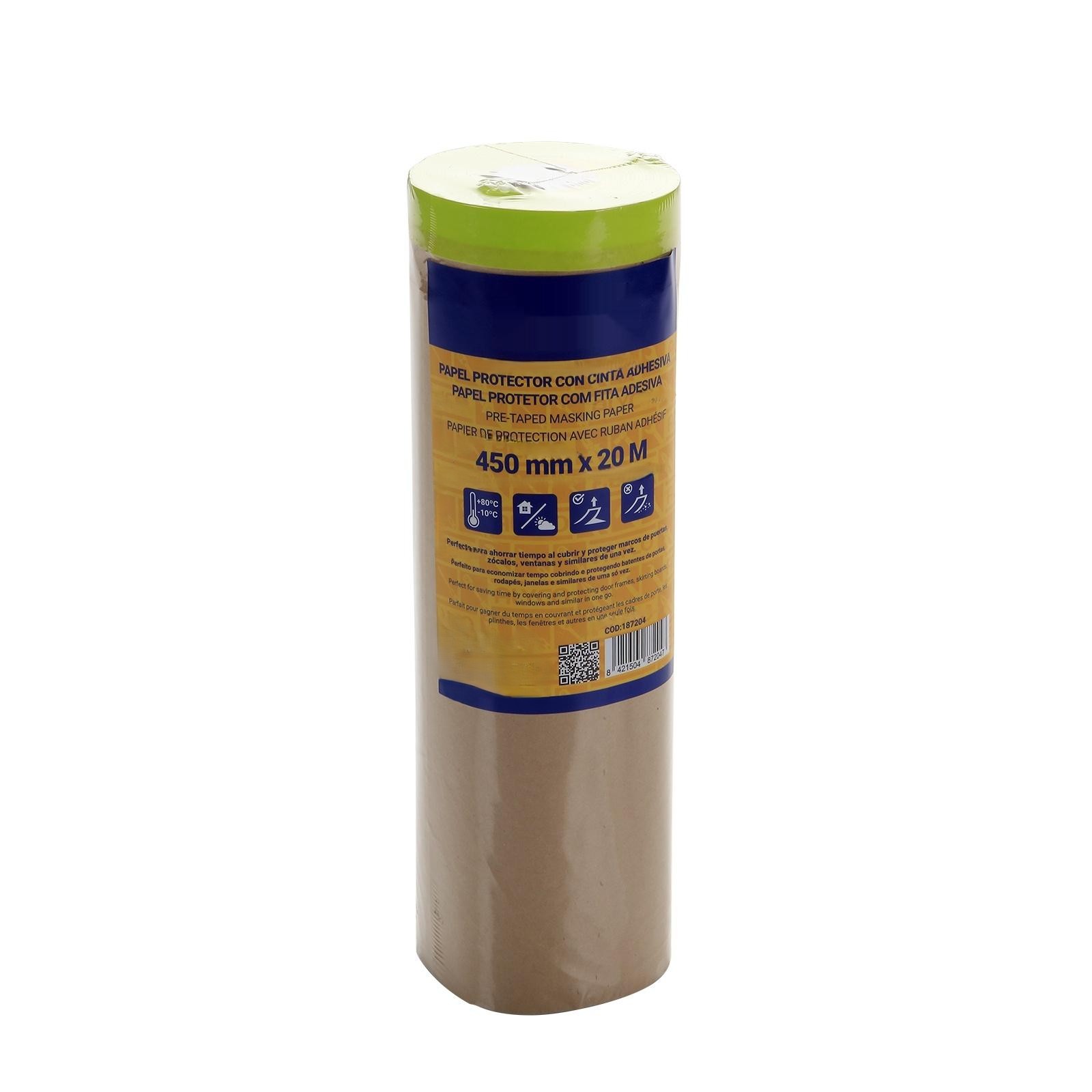 papel de protección con cinta adhesiva, 300 mm x 20 m, ideal para enmascarar y proteger superficies durante pintura y reparaciones.