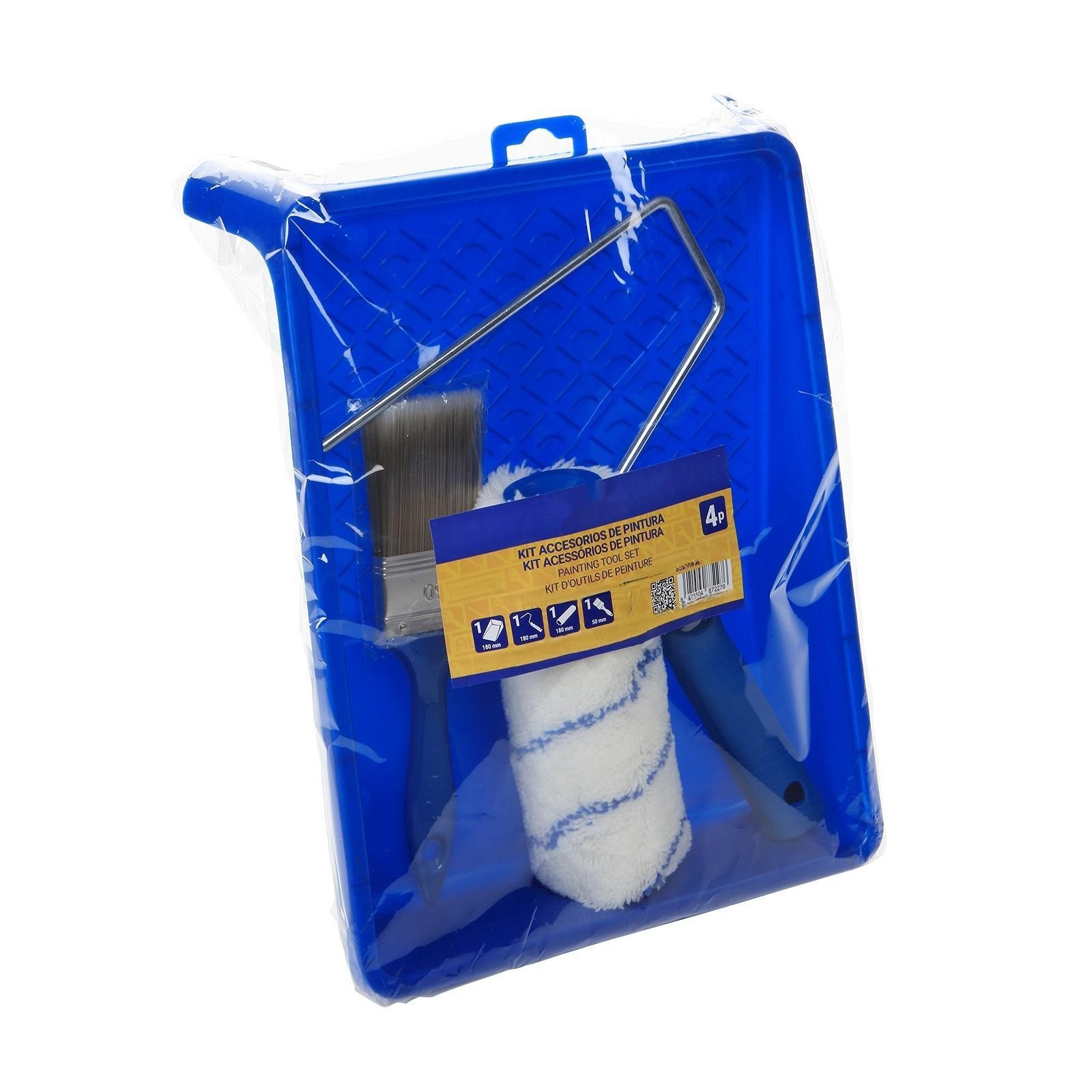 set de accesorios de pintura (4 piezas) con pinceles, rodillo, paleta y cinta; ideal para manualidades y proyectos de decoración.