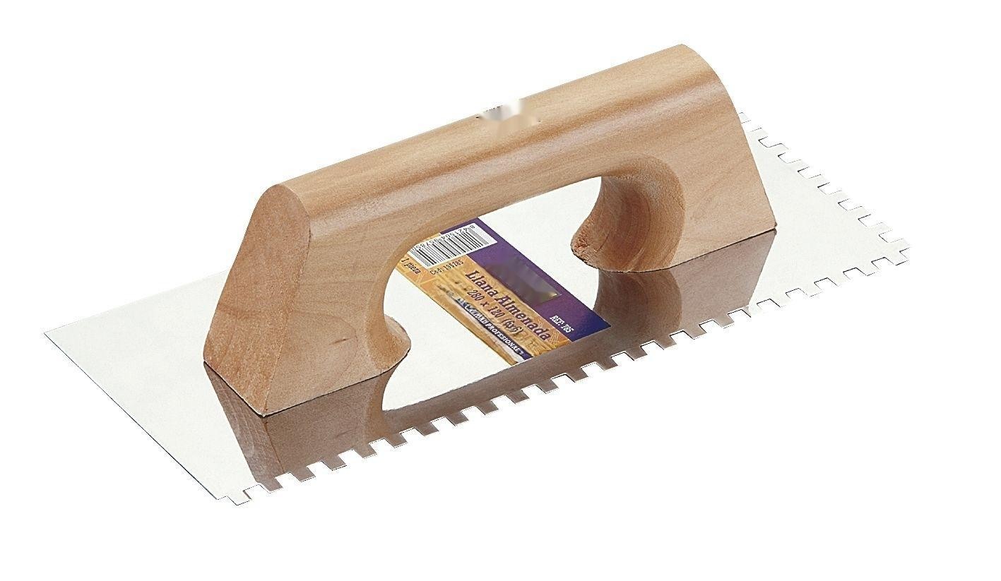 llana almenada 280x120 mm, 6 mm de espesor, ideal para alisar y nivelar superficies en trabajos de construcción y remodelación.