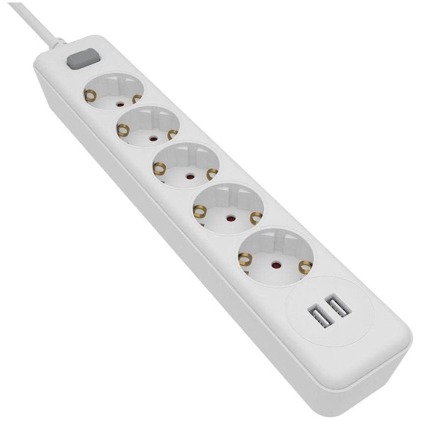  SPN3052WA/10Regleta de 5 Enchufes Schuko, Enchufe Múltiple, 2 puertos USB, Ladrón Alargador, Protección Infantil Sobretensión, Interruptor Encendido/Apagado, Cable 1,5 MetrosColor Blanco