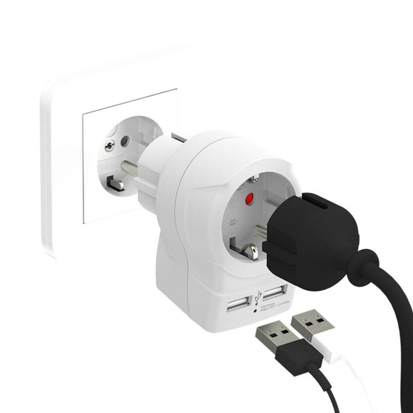 aDAPTADOR USB EUROPEO 1500282: Conéctate fácilmente. Ideal para viajes, convierte enchufes europeos en puertos USB para cargar eficientemente todos tus dispositivos electrónicos. 