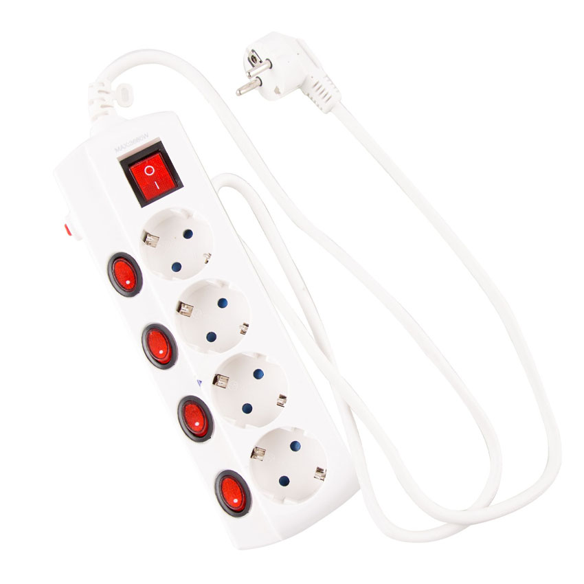 base de 4 enchufes. Regleta con Interruptor Individual 16A/250V + protección contra tensión.