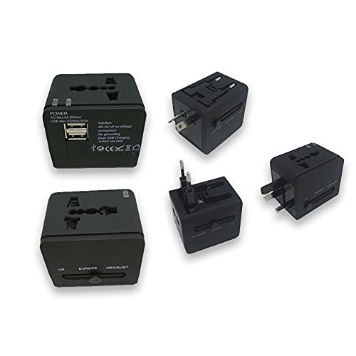 adaptador de viaje universal con 2 puertos USB. Ideal para cargar múltiples dispositivos en cualquier lugar del mundo. Perfecto para viajeros frecuentes.