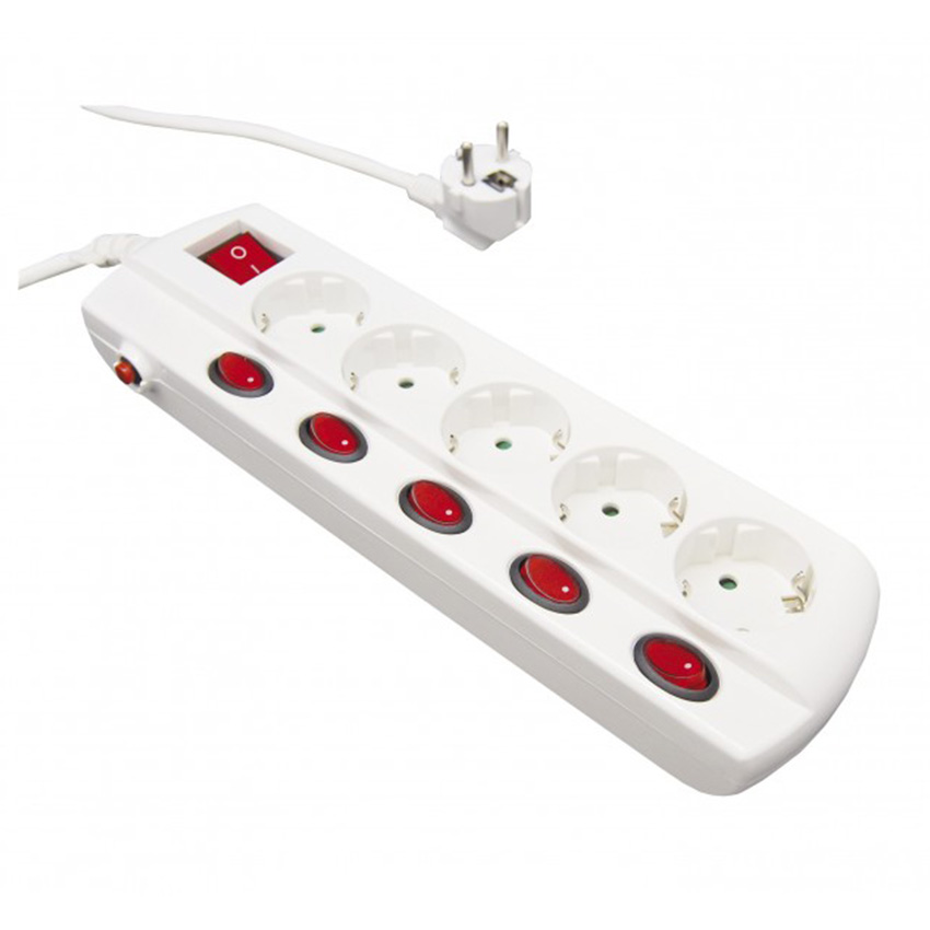 múltiple de 5 enchufes con interruptor independiente para un control individual de cada toma, permitiendo gestionar la energía de tus dispositivos de manera eficiente y segura.