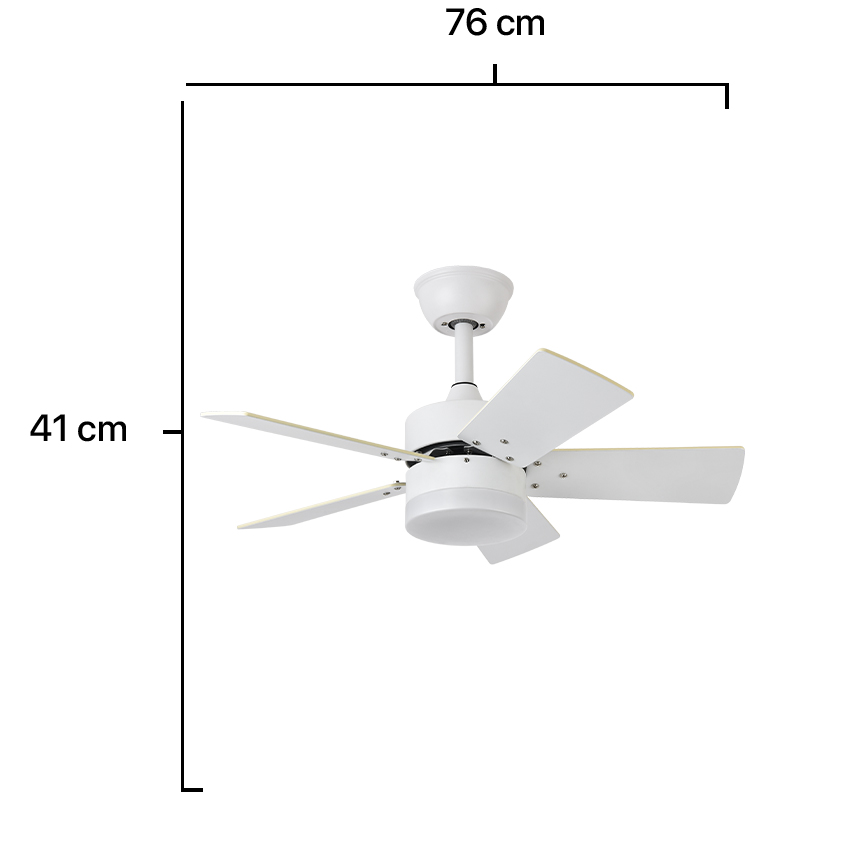  Ventilador blanco, con 5 aspas reversibles blanco/haya y 6 velocidades, con mando a distancia y temporizador, ventilador de 36W temperatura regulable