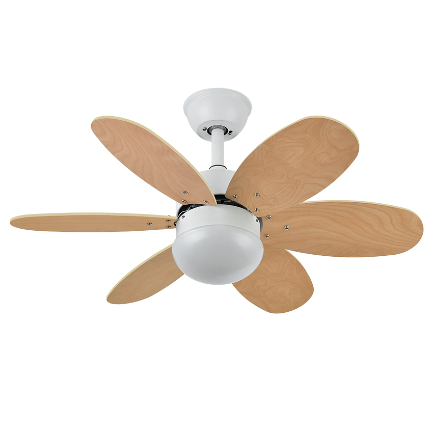  Ventilador blanco/haya, con 6 aspas, control remoto y temporizador, ventilador con aspas reversibles, 2 casquillos E27
