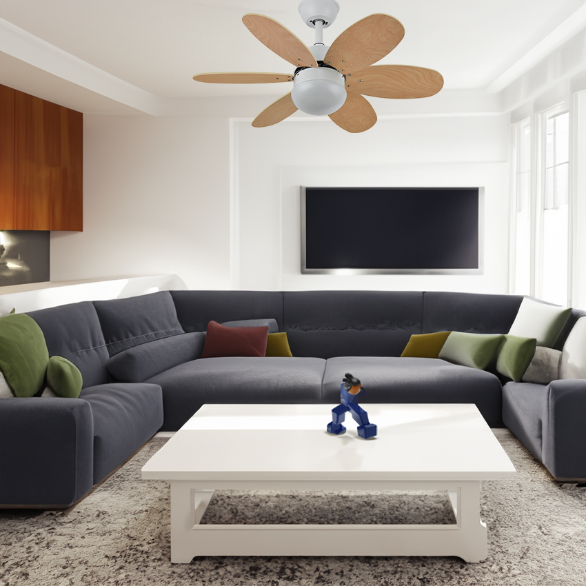  Ventilador blanco/haya, con 6 aspas, control remoto y temporizador, ventilador con aspas reversibles, 2 casquillos E27