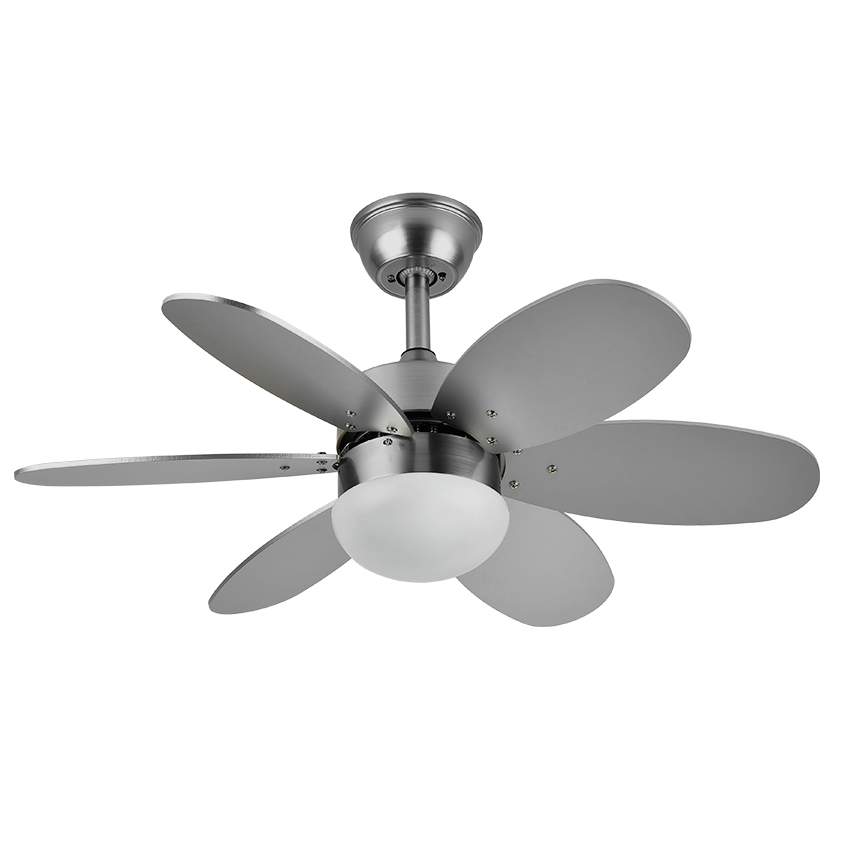  Ventilador níquel, con 6 aspas reversibles haya/plata, control remoto y temporizador, ventilador con aspas reversibles, 2 casquillos E27