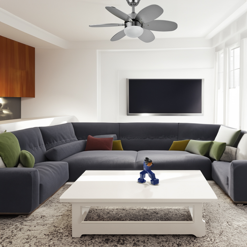  Ventilador níquel, con 6 aspas reversibles haya/plata, control remoto y temporizador, ventilador con aspas reversibles, 2 casquillos E27