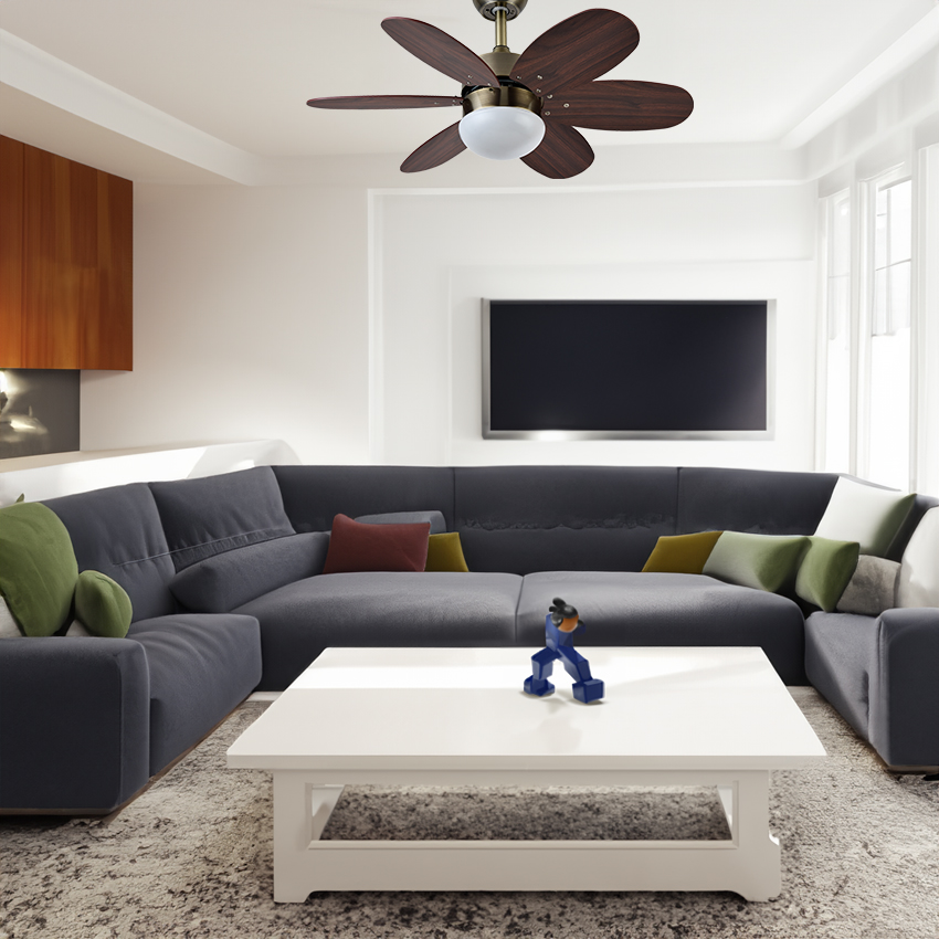  Ventilador cuero, con 6 aspas reversibles cerezo/nogal, control remoto y temporizador, ventilador con aspas reversibles, 2 casquillos E27