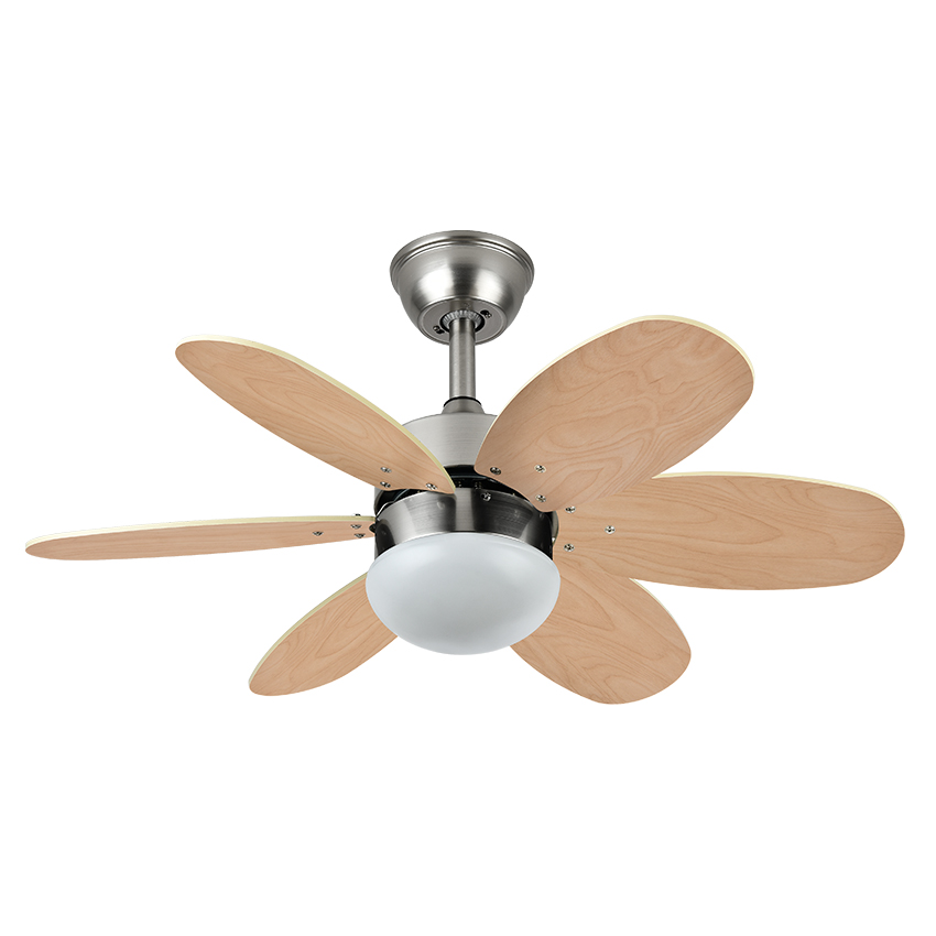  Ventilador níquel, con 6 aspas reversibles haya/wengue, control remoto y temporizador, ventilador con aspas reversibles, 2 casquillos E27