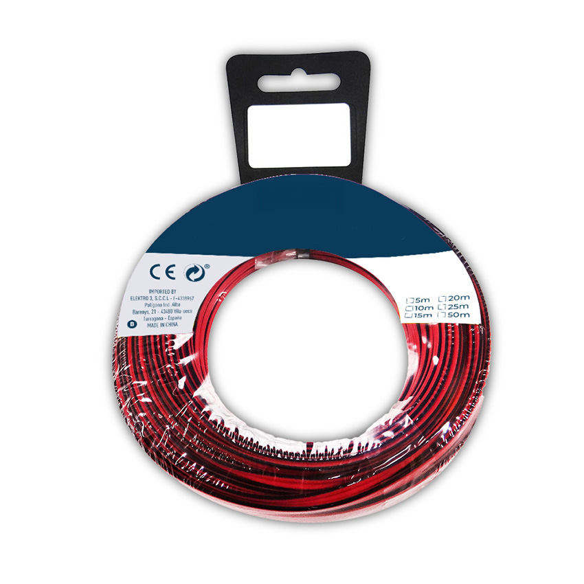 carrete de cable paralelo 2x0,75mm en rojo y negro, ideal para audio. Con 5 metros de longitud, proporciona flexibilidad y resistencia, perfecto para tus proyectos de sonido.