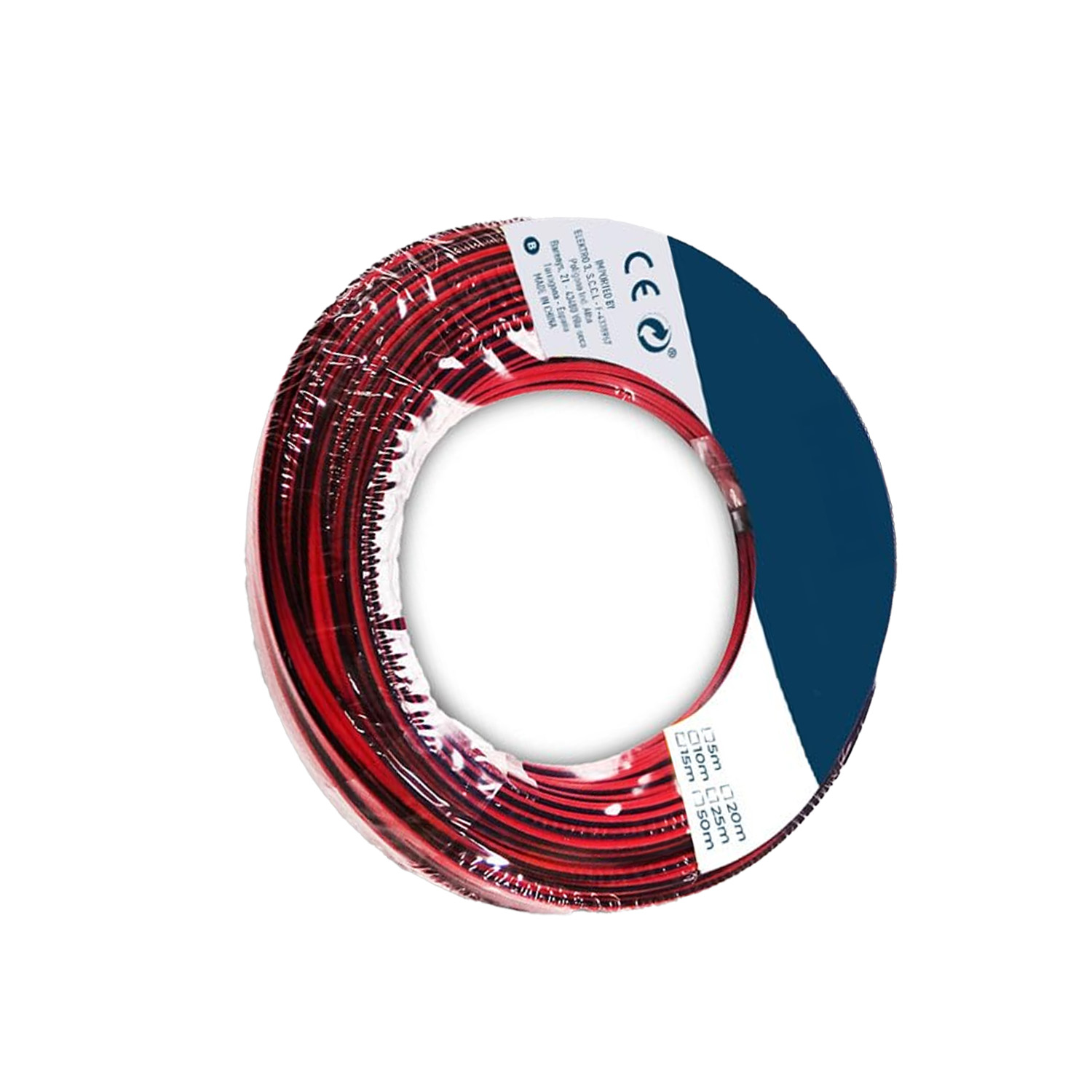 carrete de cable paralelo 2x0,75mm en rojo y negro, ideal para audio. Perfecto para tus proyectos de sonido, con 15 metros de longitud para mayor versatilidad y comodidad en la conexión.