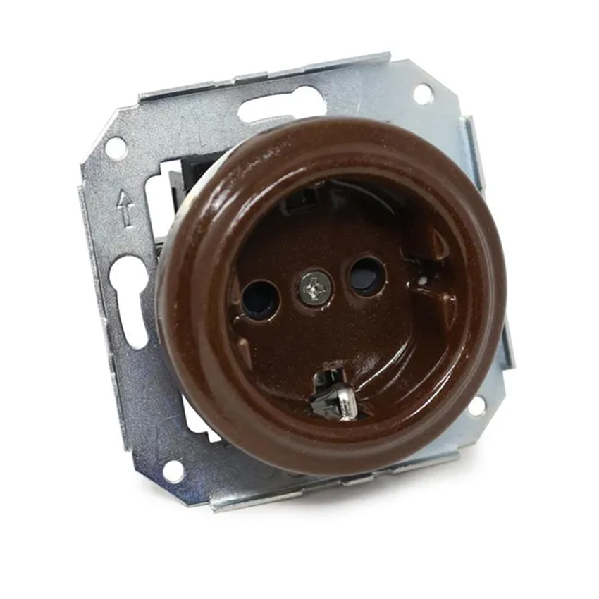 base de empotrar de porcelana marrón, base 2P + toma de tierra para empotrar, sin marco