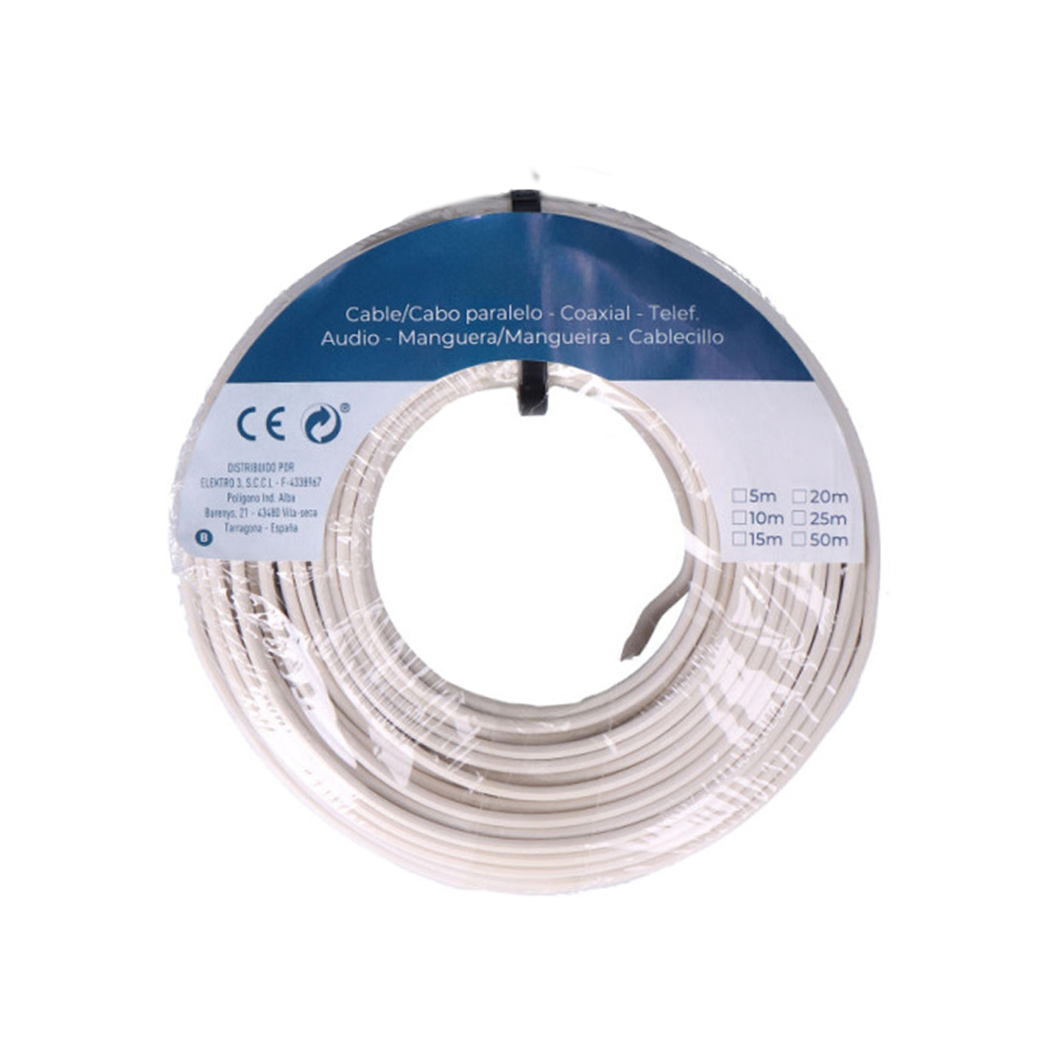 carrete de cable paralelo 2x0,50mm en color blanco, ideal para conexiones de audio. Longitud de 10 metros, perfecto para uso en casa o en eventos. Calidad y versatilidad aseguradas.