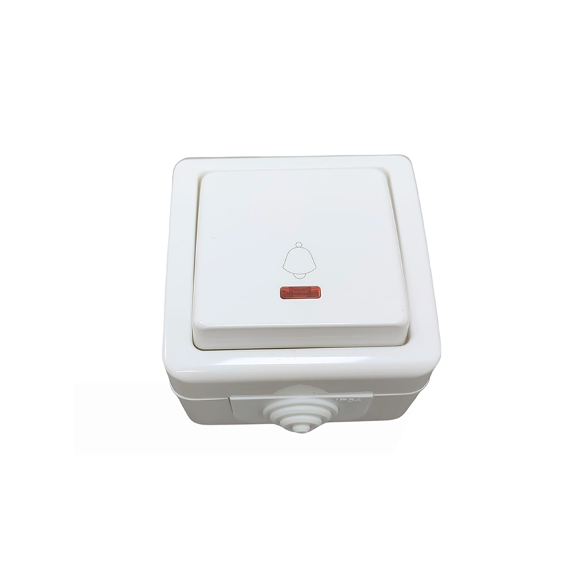 pulsador exterior IP54 con indicador luminoso, 10A 250V, color blanco. Ideal para aplicaciones en exteriores y ambientes húmedos.