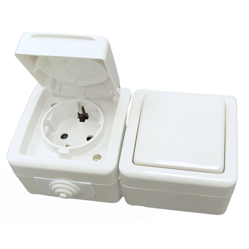conmutador 10A + base schuko 16A, conmutador y base de superficie exterior, IP54 250V