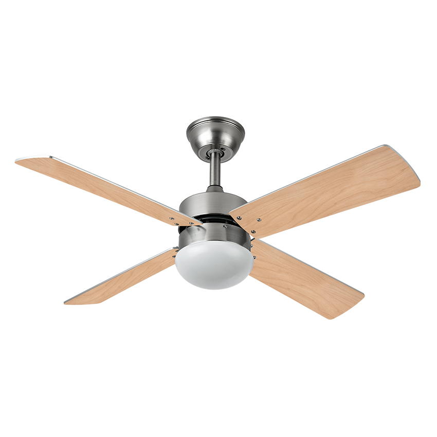  Ventilador níquel, con 4 aspas plata/haya reversibles y 6 velocidades, con mando a distancia y temporizador