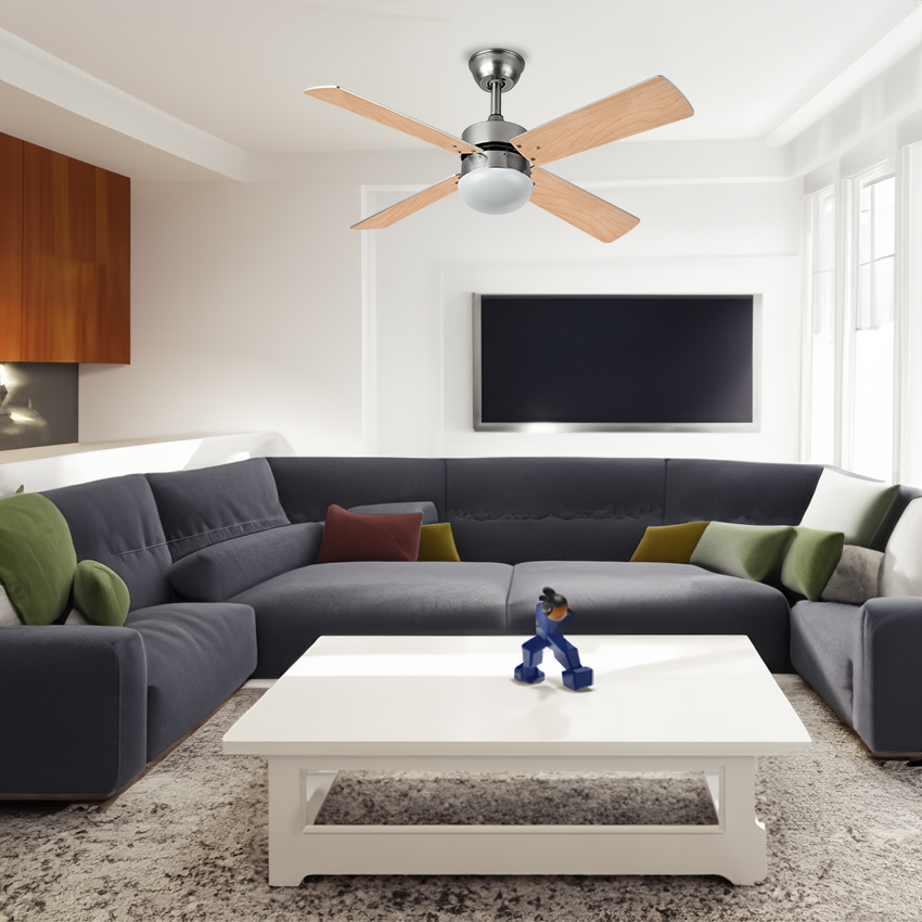  Ventilador níquel, con 4 aspas plata/haya reversibles y 6 velocidades, con mando a distancia y temporizador