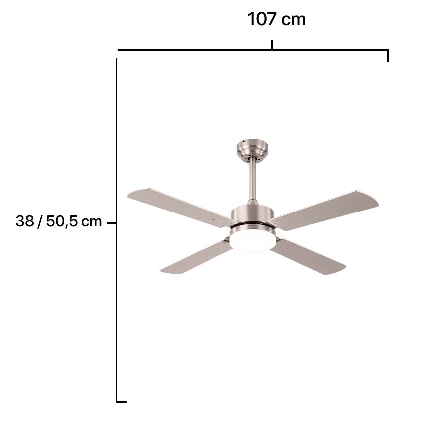 ventilador Hupe 18W DC en níquel, 4 aspas y 6 velocidades. Cuenta con control remoto, memoria y temperatura ajustable de 3000 a 6000K. Elegancia y eficiencia juntos.
